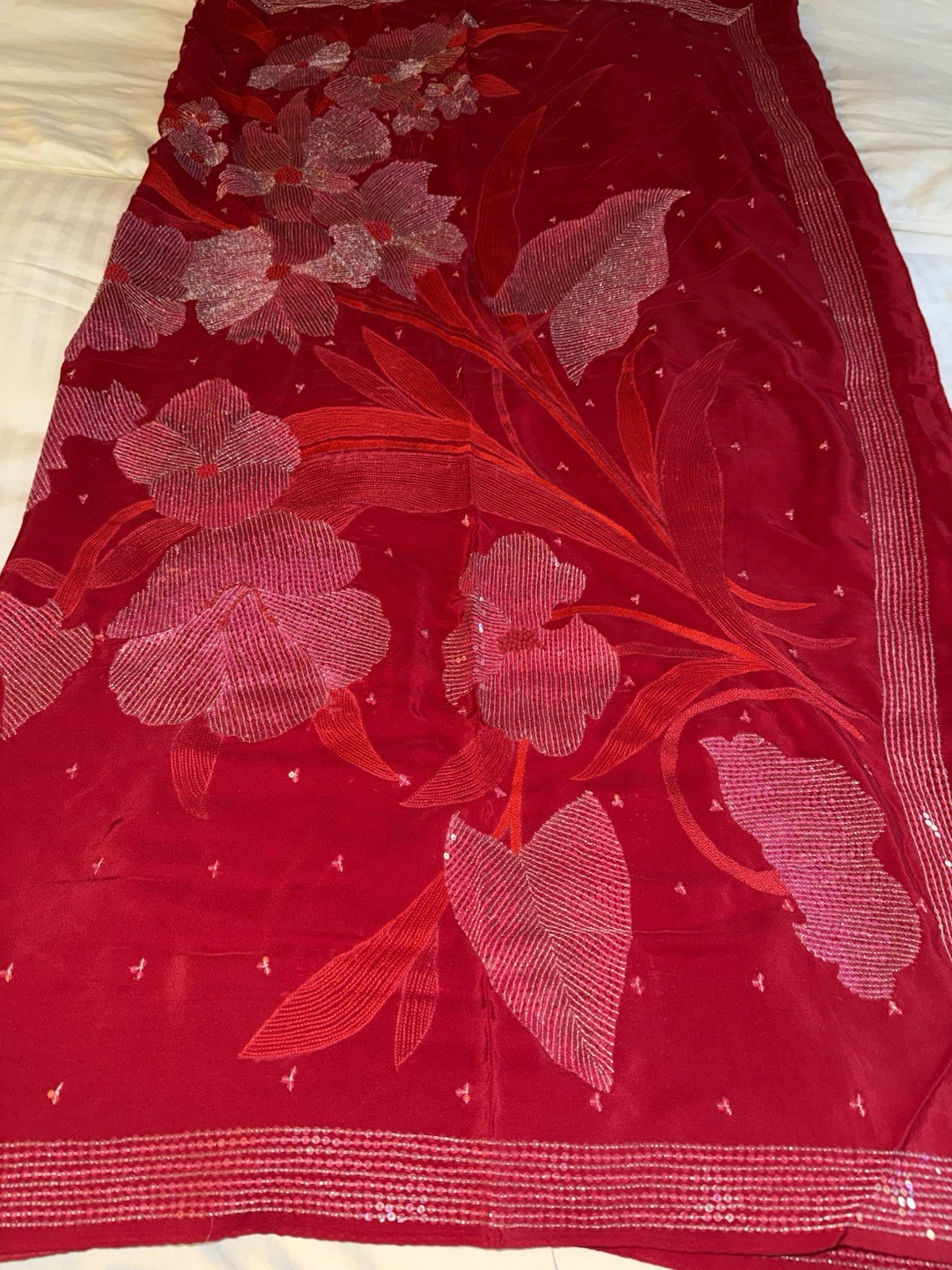 Red Silver silk Floral Sequin Embellished Saree with Blouse for Women Free Size