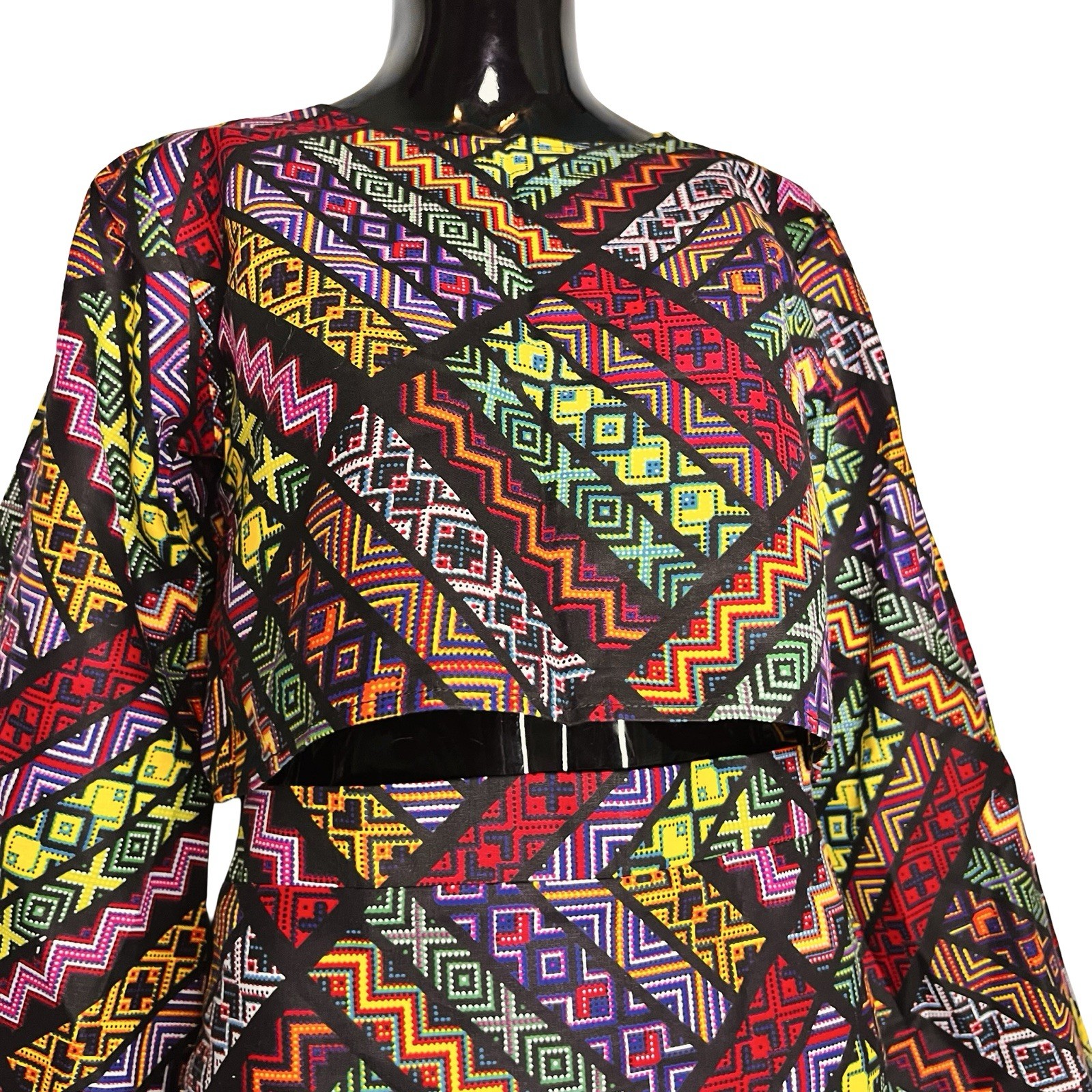 2 Piece African Print Women Multicolor Bell Sleeve Crop Top Blouse & Short Skirt