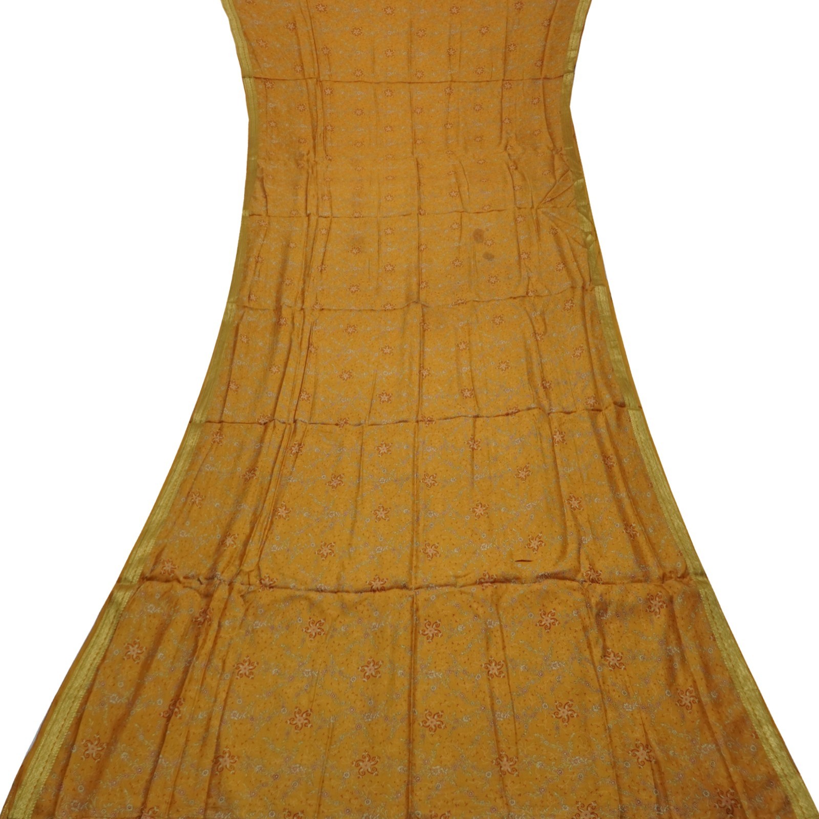 Vintage Mustard Sarees 100% Pure Silk Printed Zari Border Sari 6YD Craft Fabric