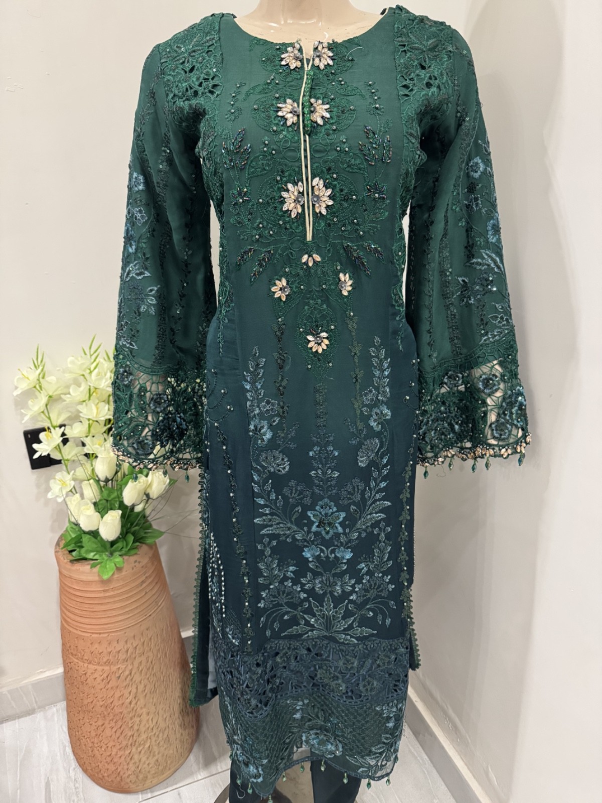 Pakistani GreenFancy Chiffon Dress with embroidery & Squins work, Xl