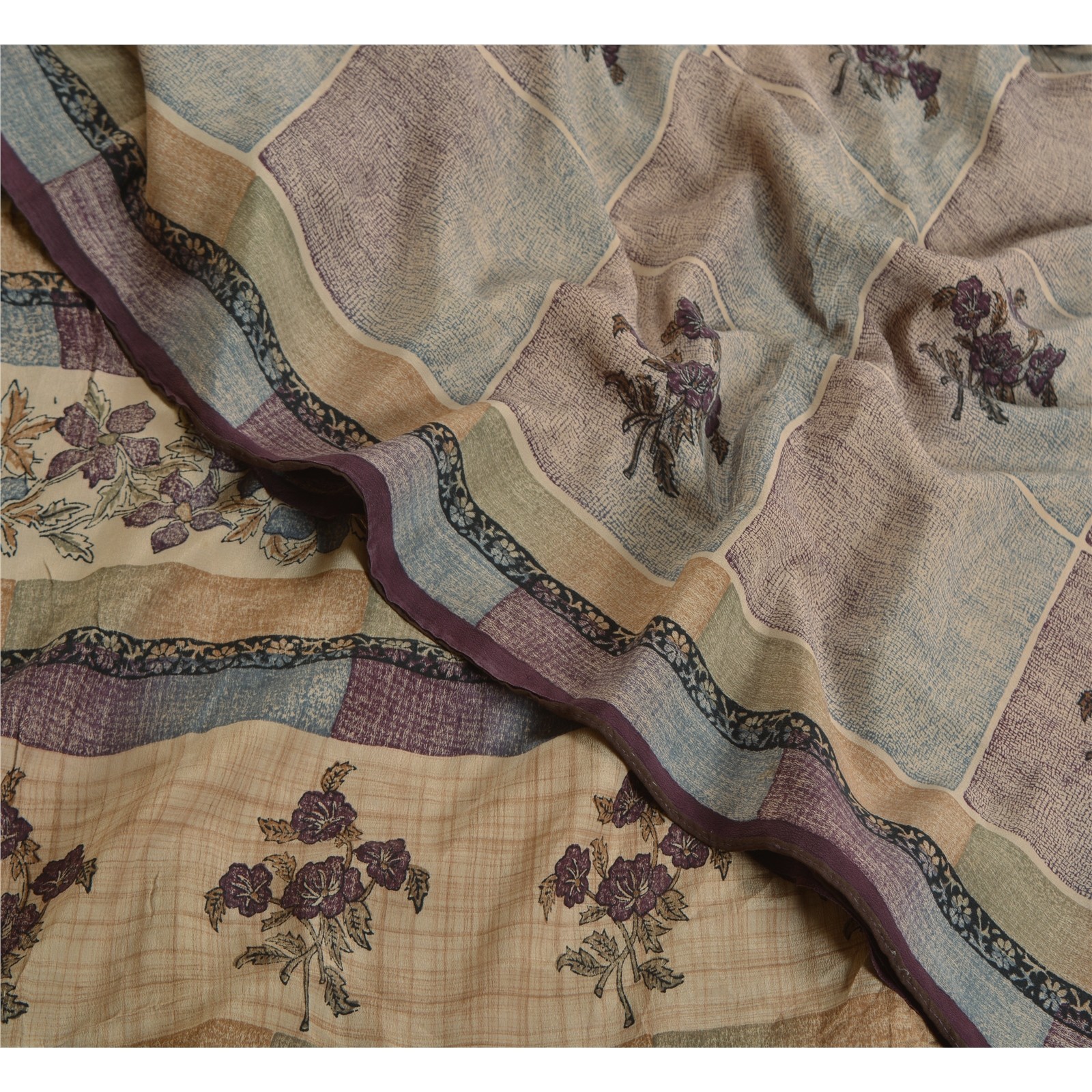 Sanskriti Vintage Sarees Pale-Cream Pure Crepe Silk Printed Sari Craft Fabric