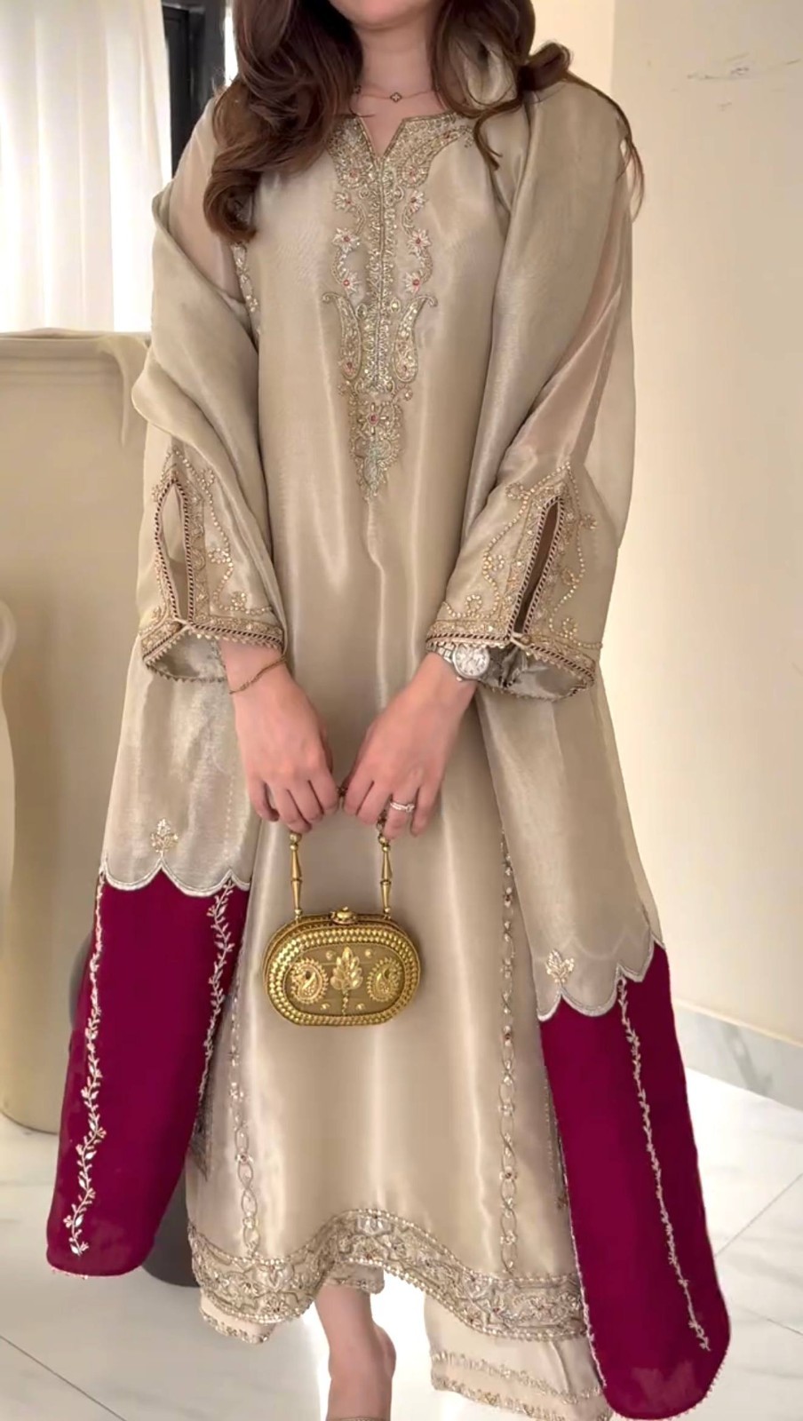 New Presenting Silk Cream Salwar Kameez With Dupatta For Indian Functional Wear