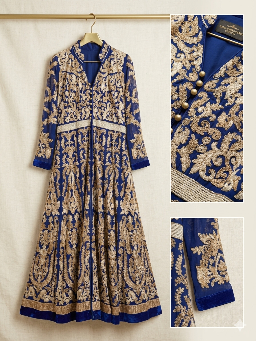 Vintage Hand-Embroidered Indian Anarkali Gown – Indigo Blue & Gold Chiffon Dress