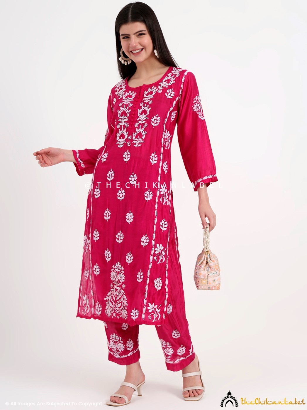 Pink chikankari kurti palazzo set, Authentic Hand-Embroidery, Kurti Palazzo Set