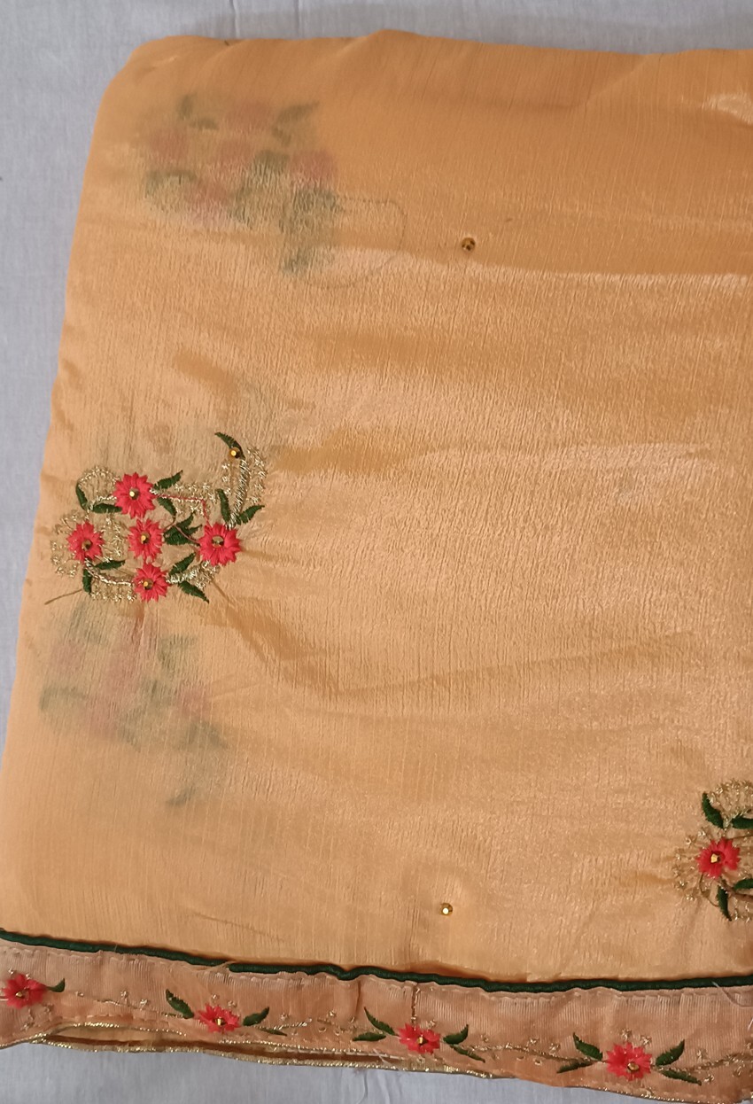 Beautiful Silk Yellow Red Golden Color All Embroidery Flower Anniversary Saree