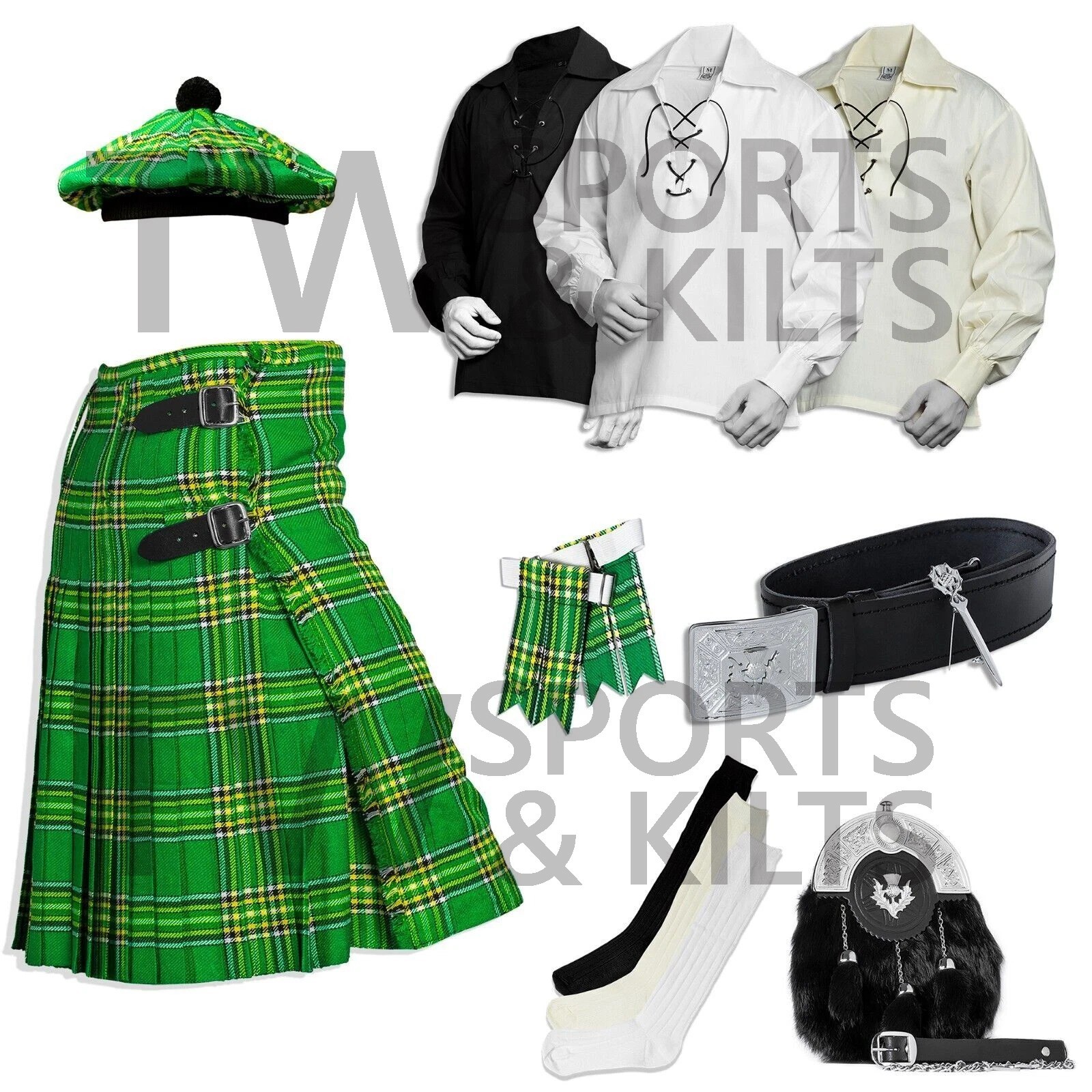 Scottish Men’s Outfit Irish Green Tartan Kilt Set – 10 Pieces Kilt Accessories