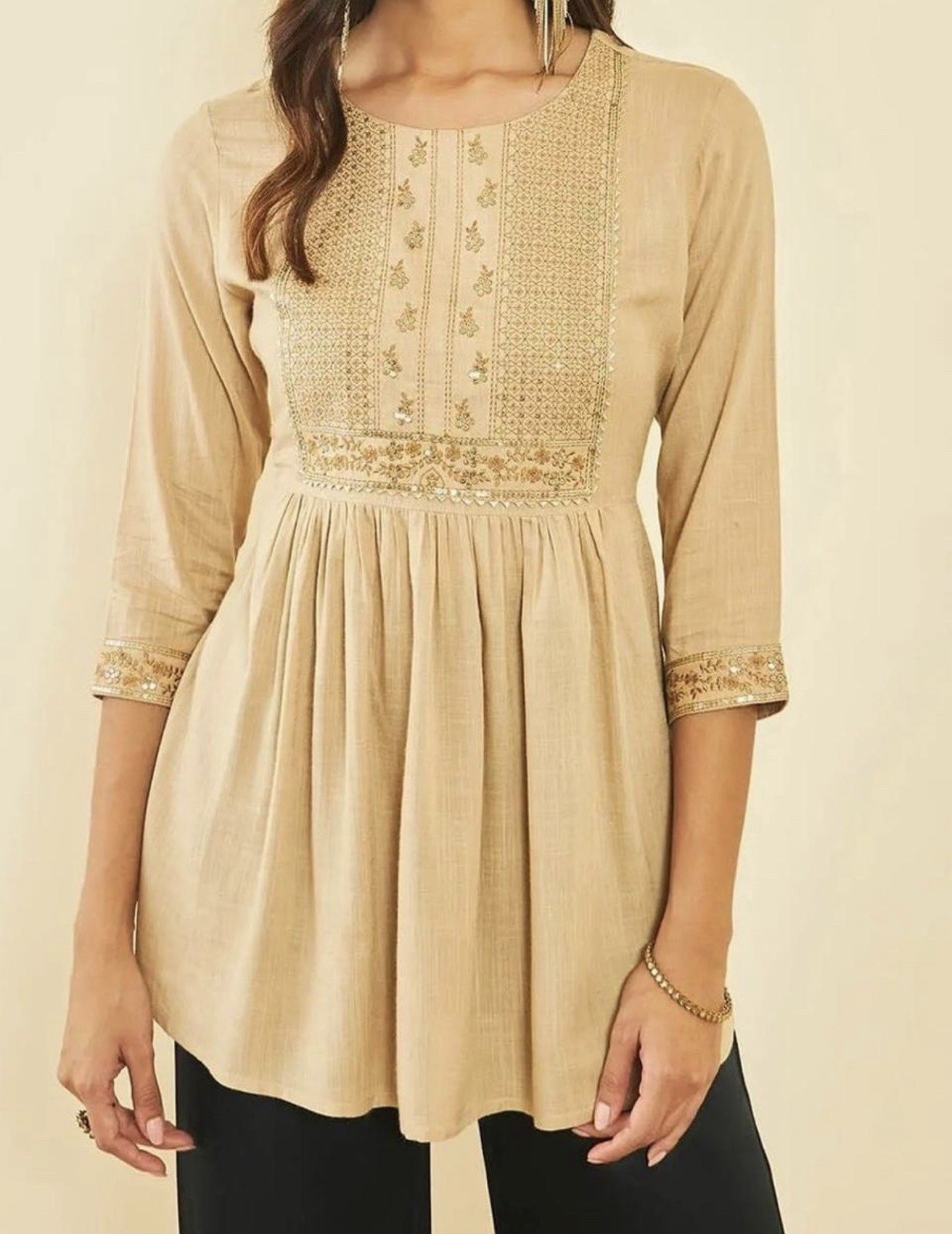 Soch Women’s XL Beige Embroidered Cotton Woven Kurta Top 3/4 Sleeve