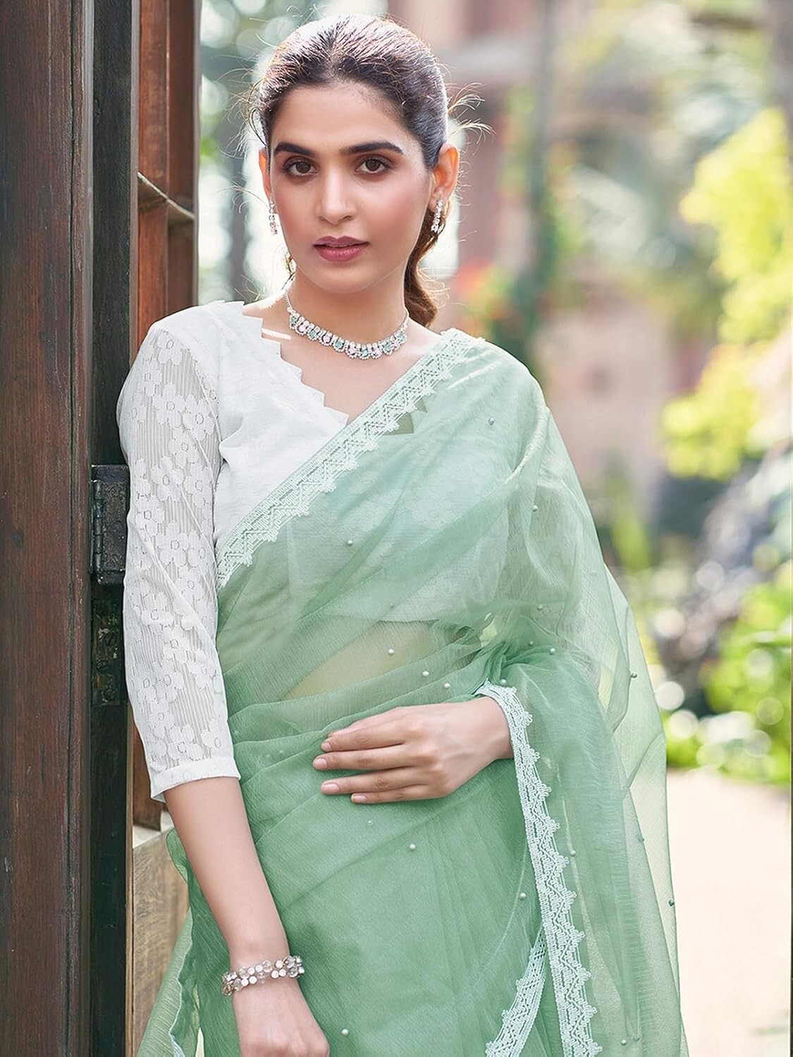 Shimmer Net Pearl Work & Lace Saree with Unstitched Blouse Piece