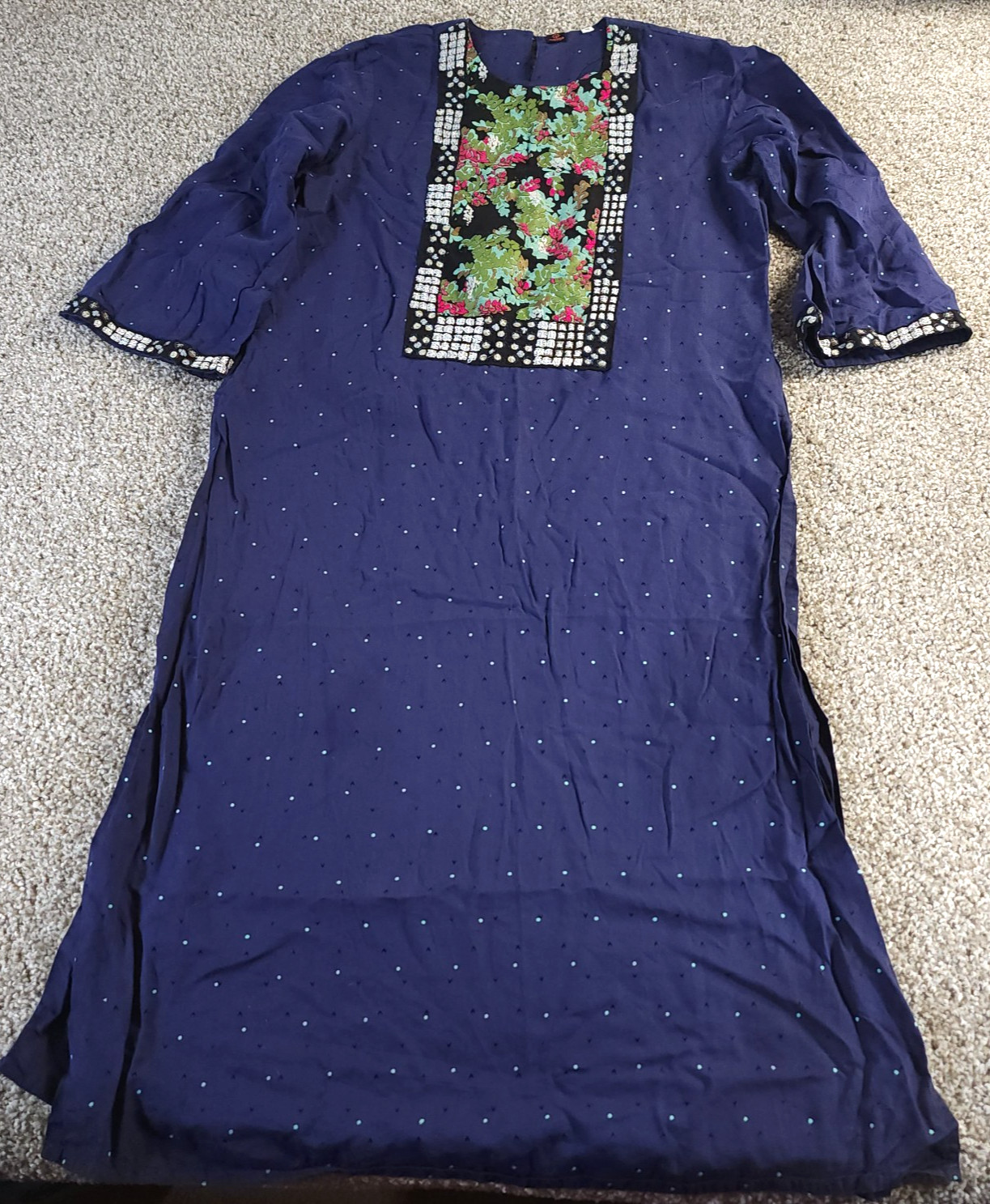 Aarong Womens 40 Large Blue Embroidered Kurta Tunic Round Neck 3/4 Sleeve Boho