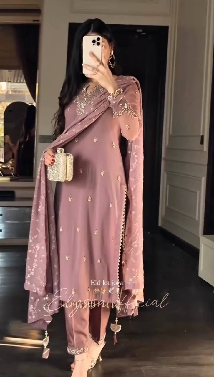 New Beautiful Dusty Pink Faux Georgette Salwar Kameez With Dupatta For Party