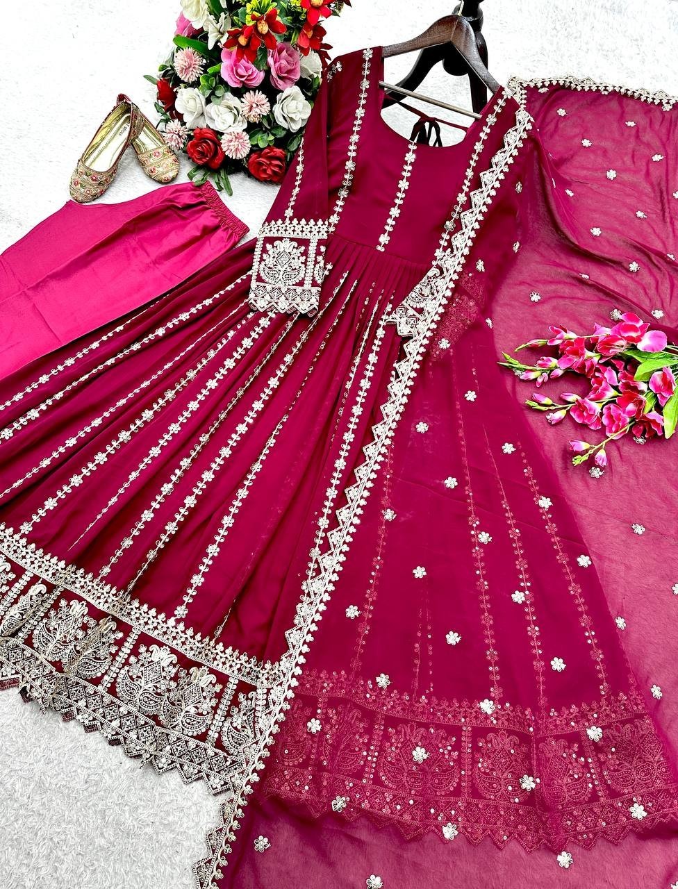 Traditional Wear Maroon Pure Georgette Gown Bottom With Dupatta For Women