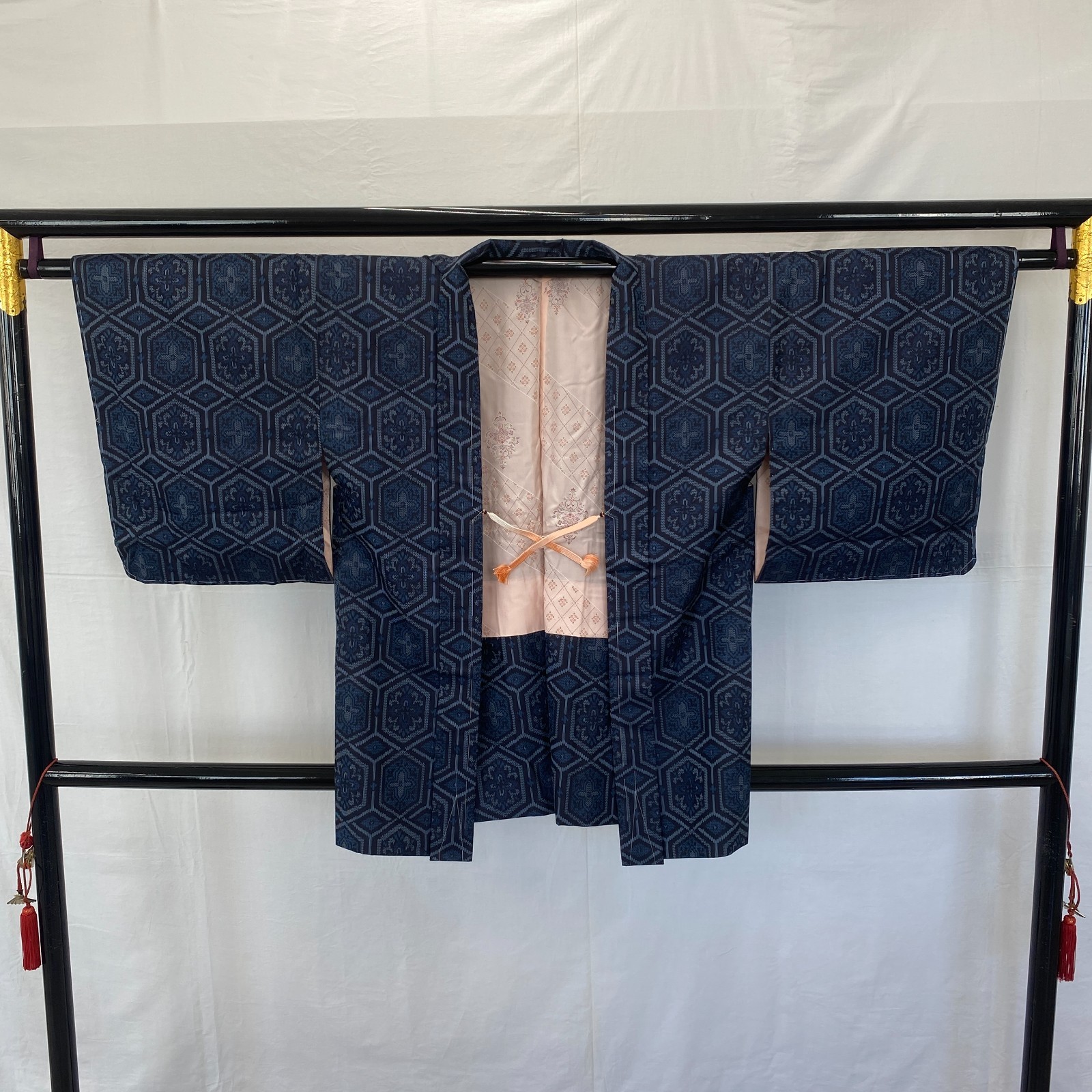 Japanese Vintage Kimono Haori Jacket Silk Blue Oshima Traditional Authentic 33in