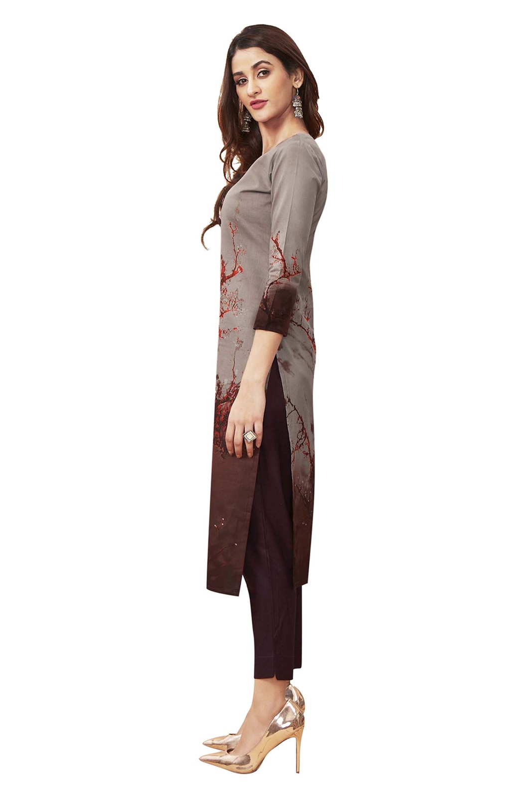 Miraan Cotton Printed Salwar Suit for Women Brown Readymade Medium Size