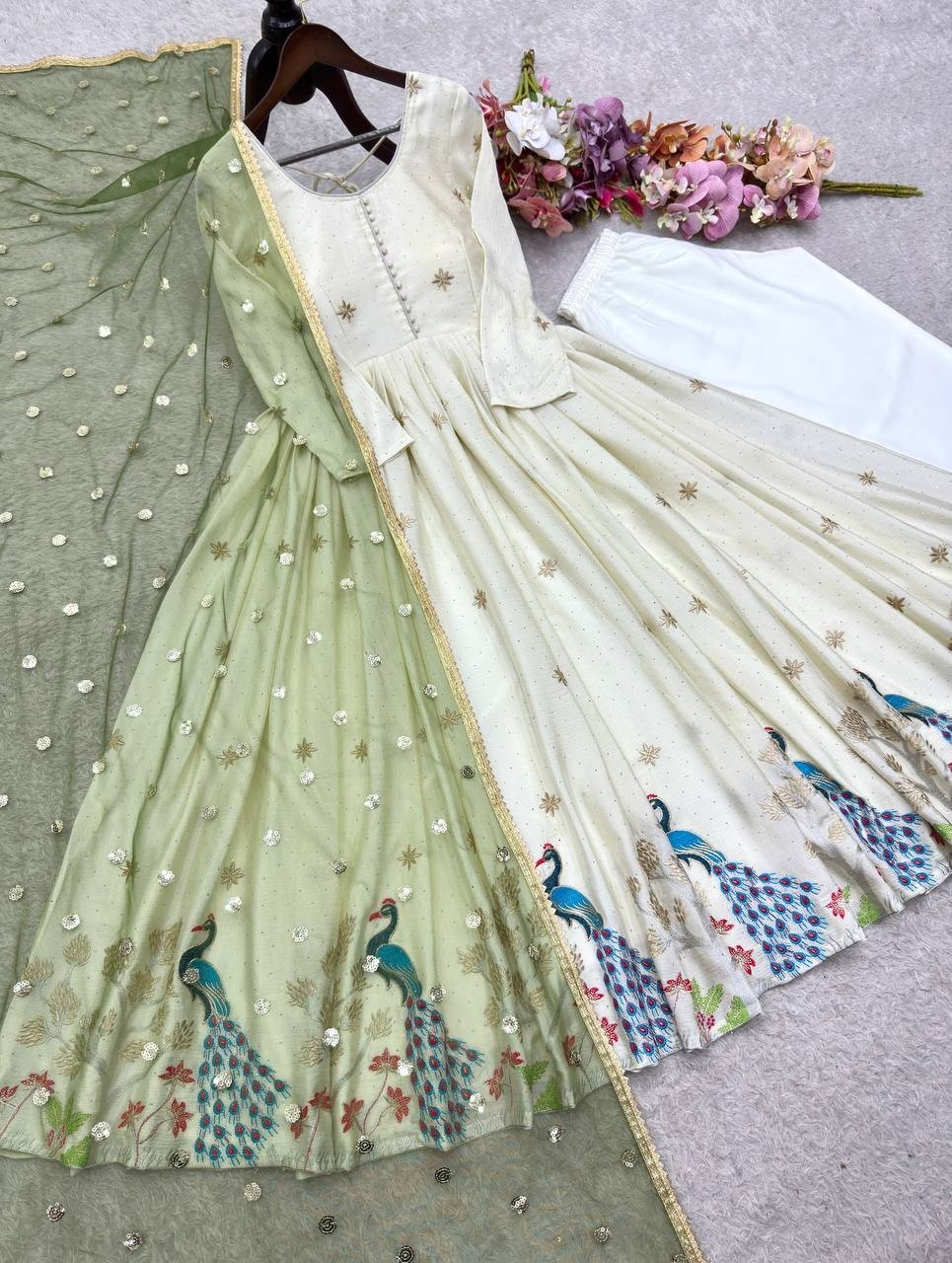 Off White Pure Dola Silk Gown Bottom With Dupatta For Indian Functional Wear