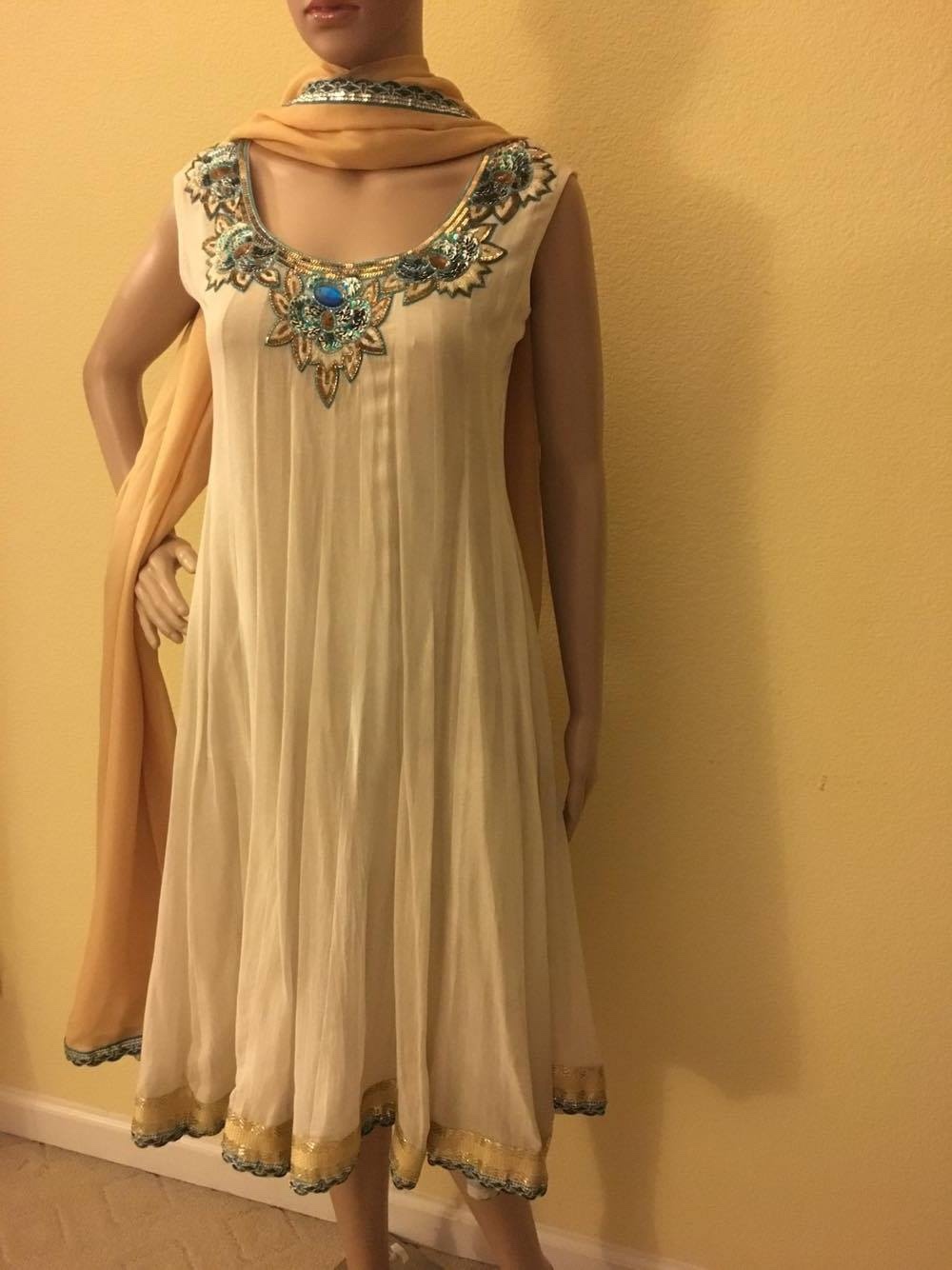 custom, handmade anarkali style suit cream/golden/blue with dark golden dupatta 