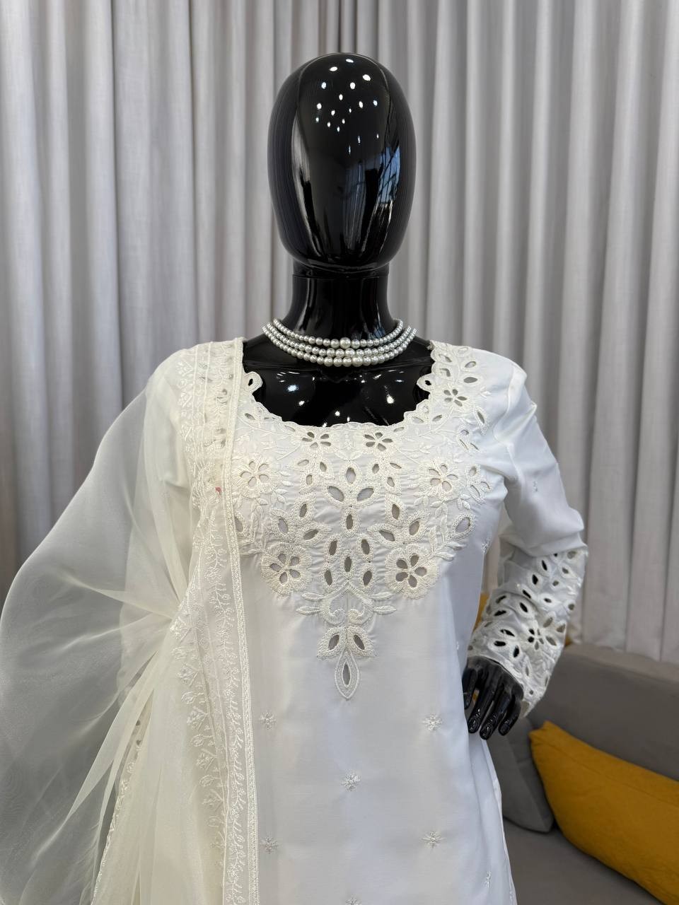 Ethnic Wear Natural Crep White Top Bottom With Dupatta For Women And Girls