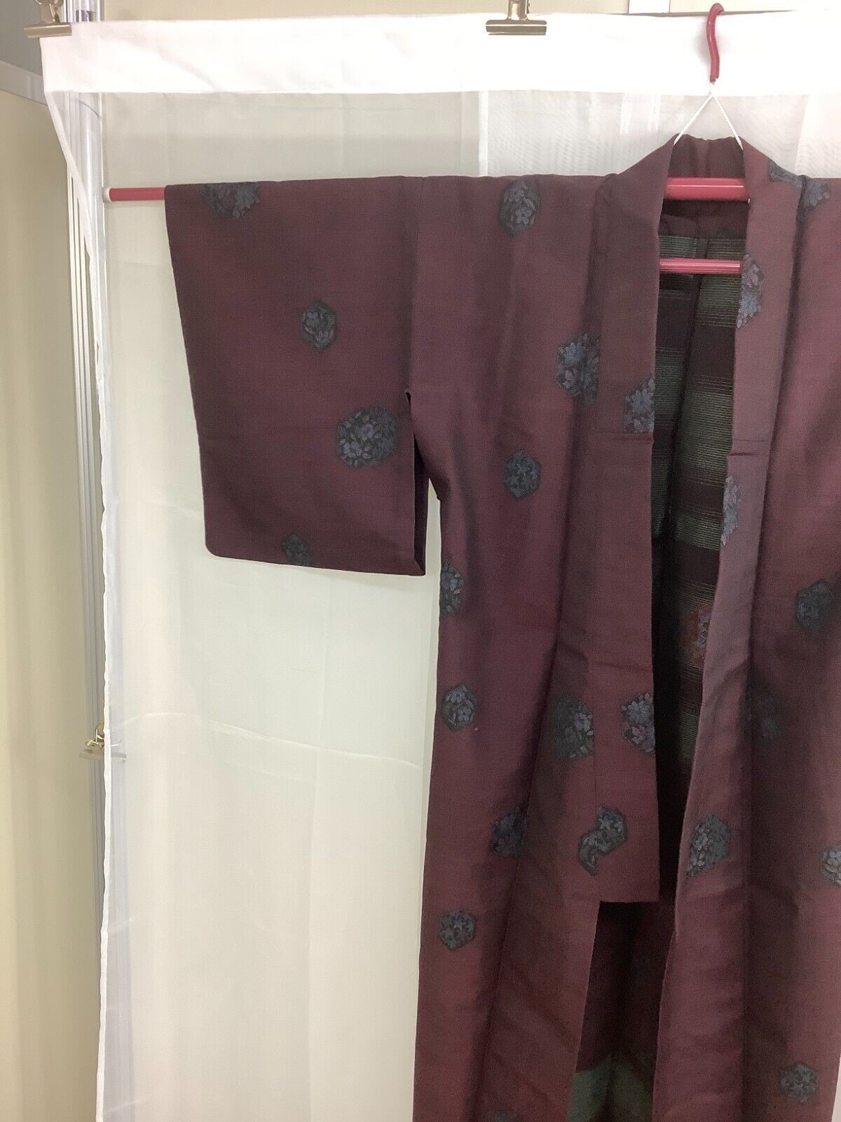 Japanese Vintage Kimono Silk Fabric Wine Red Oshima Expensive Flower 151cm