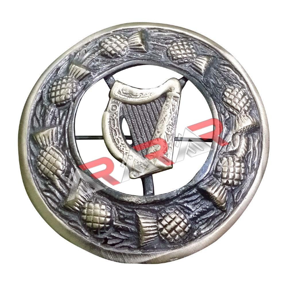 Scottish Kilt Fly Plaid Brooch Thistle Celtic Harp Design Antique Finish 3″ AAR