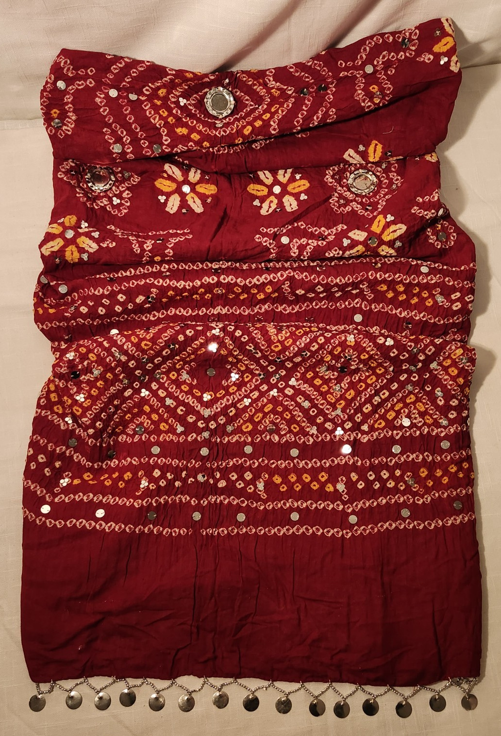 Vintage Red Bandhani Saree / Scarf w/ Silver Sequins Beads Coins Excellent Cond