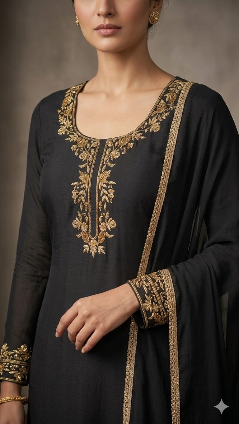 Black Hand Embroidered Salwar Kameez Set for Women | Custom Stitched Suit |…
