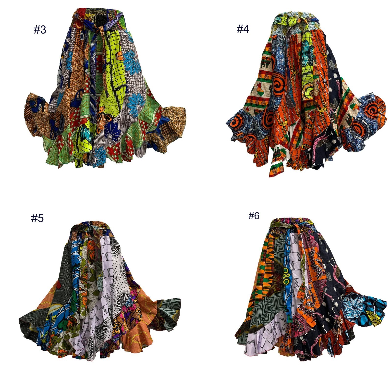 Handmade Patchwork African Pure Wax Cotton Midi Skirt W/ Pockets