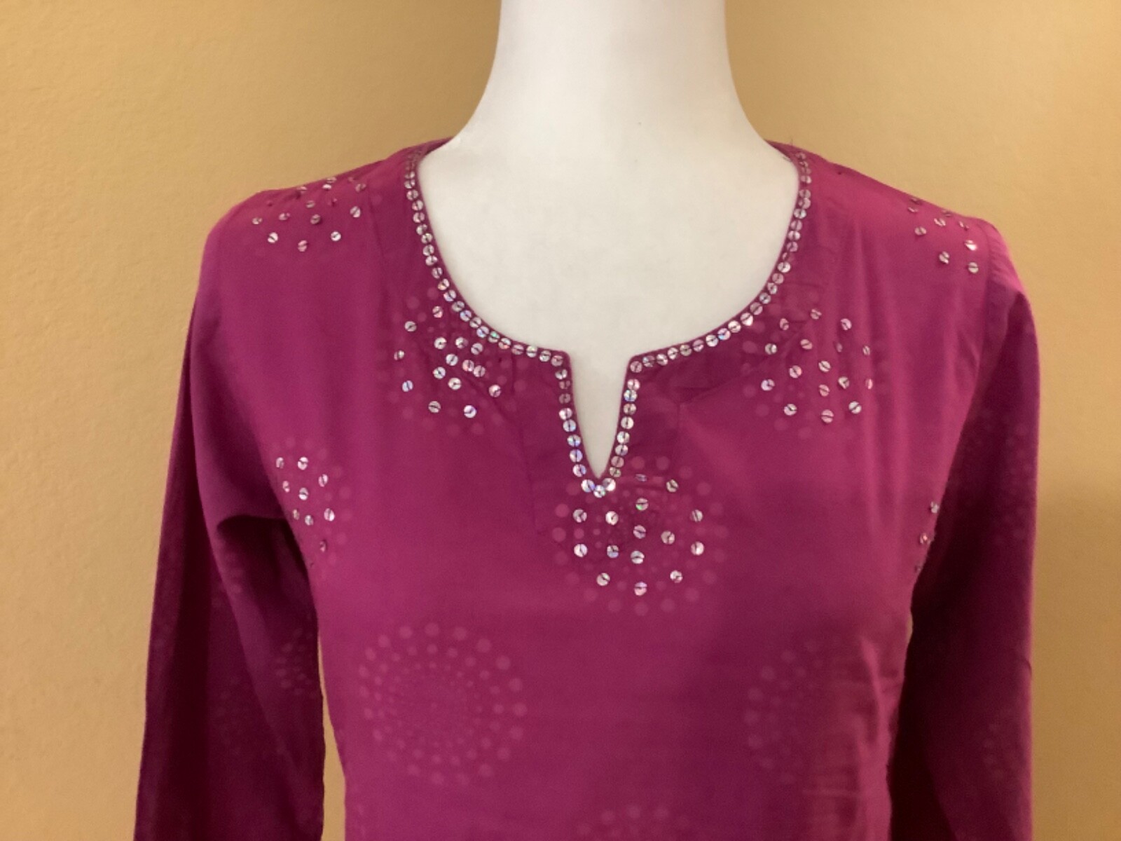 Women’s Indian Boho Tunic Purple with Sequins 3/4 Sleeve Size M