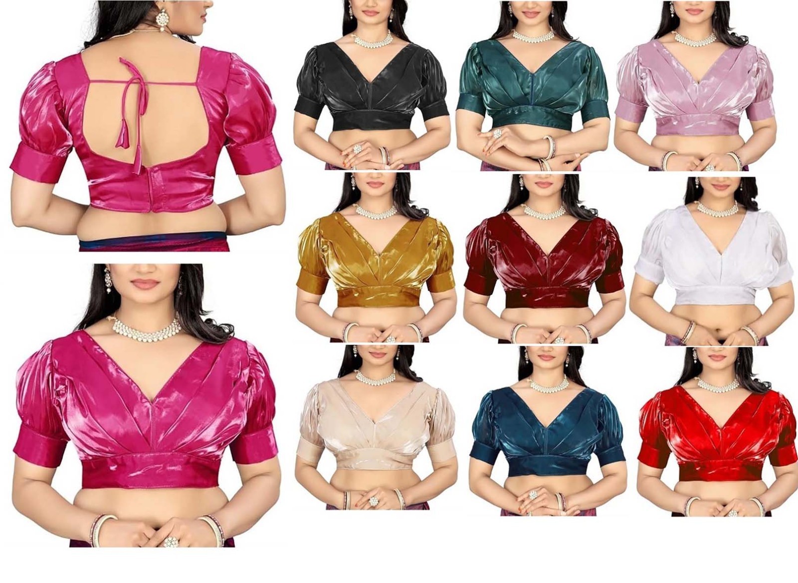 Women’s Organza Blouse V-Neck Puff Sleeve Readymade Saree Blouse Tunic Crop Top