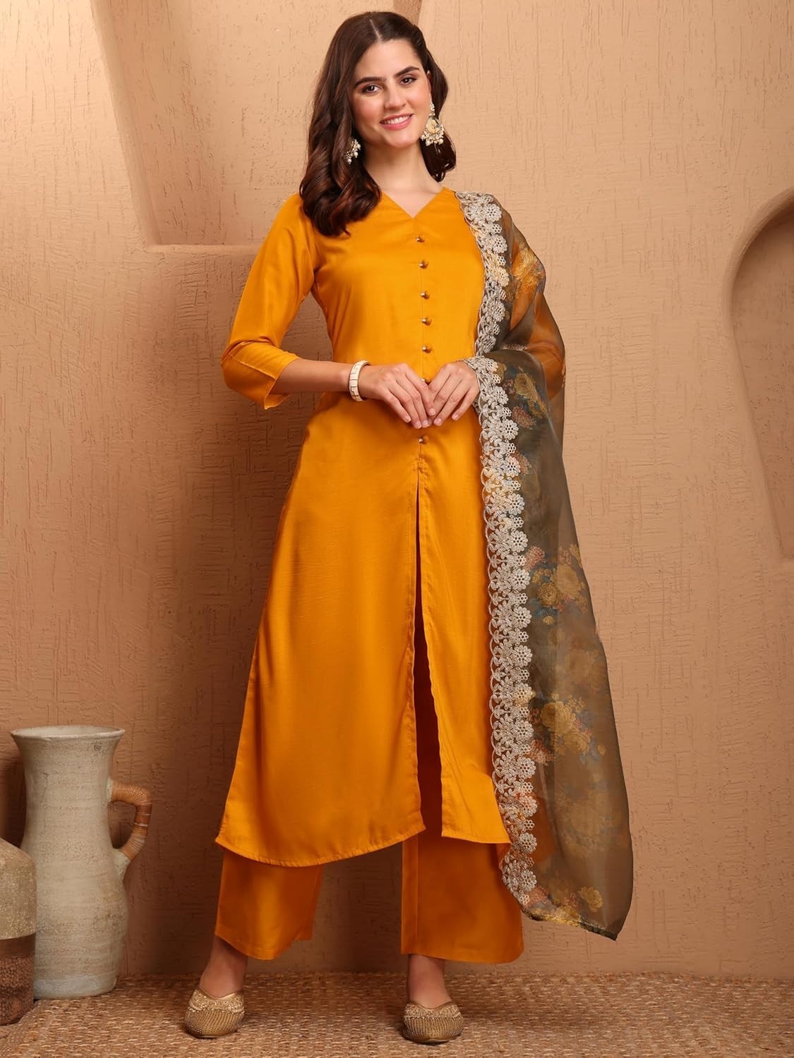 Women’s Cotton Silk Solid Hight Front Slit A-Line Kurta Palazzo &Organza Dupatta