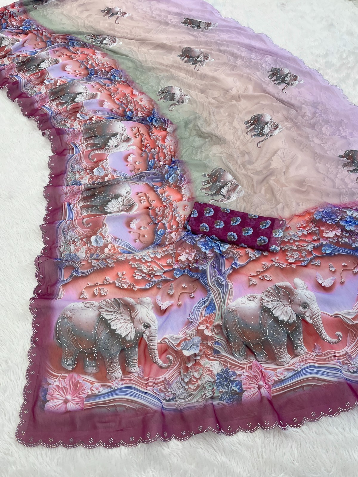 Women’s Wine Weightless 3D Digital Elephant Print Swarovski Work Party Wear Sare