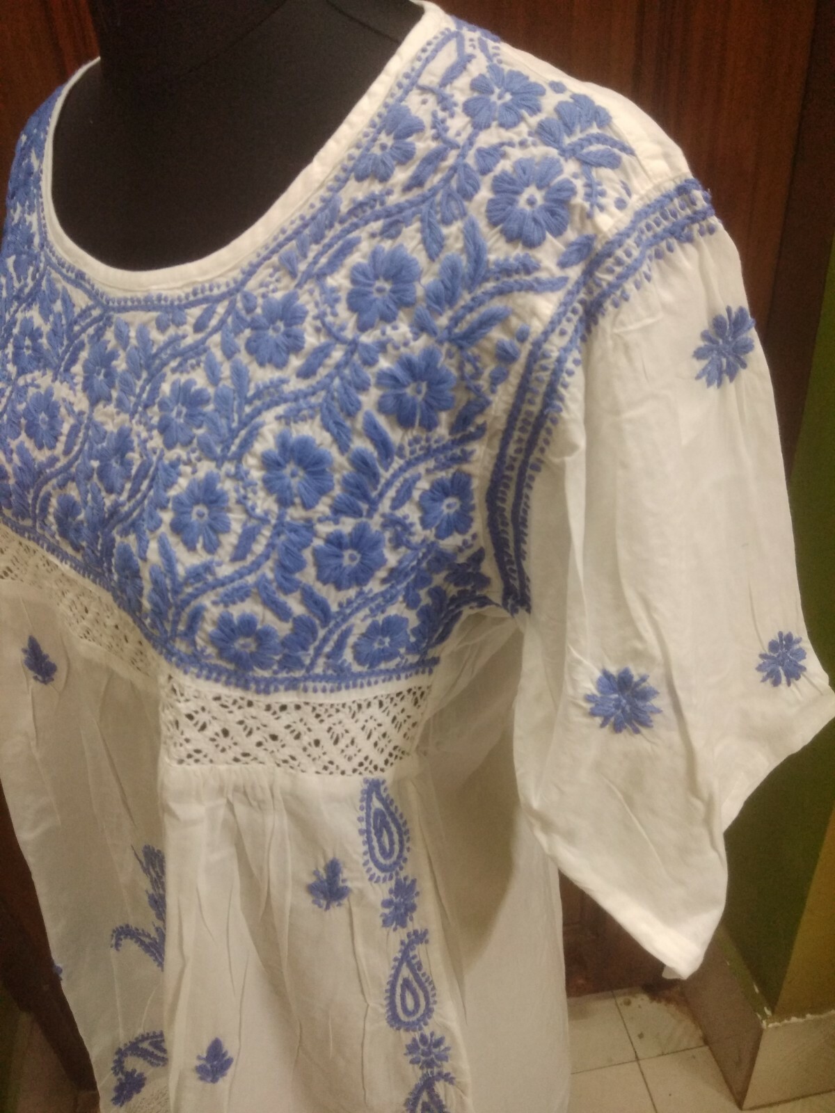 KURTA KURTI SHIRT L 43″ ETHNIC CHIKAN EMBROIDERY 100% COTTON HANDMADE TOP TUNIC