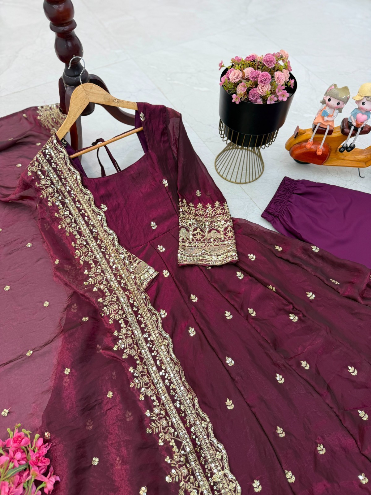 Wine Fendy Silk Heavy Embroidery Ready Made Anarkali Party Wear Dress XXL