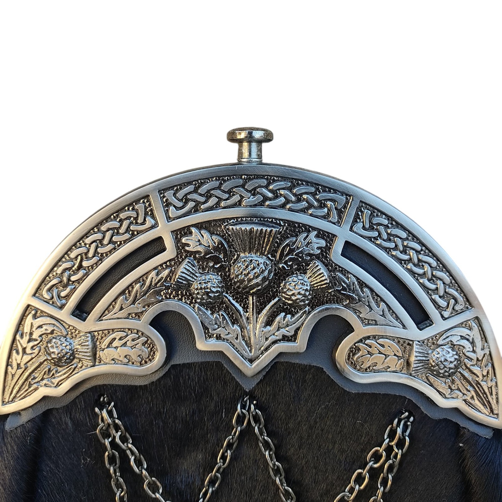 Traditional Black Scottish Kilt Sporran – Antique Thistle Design with 3 Tassels
