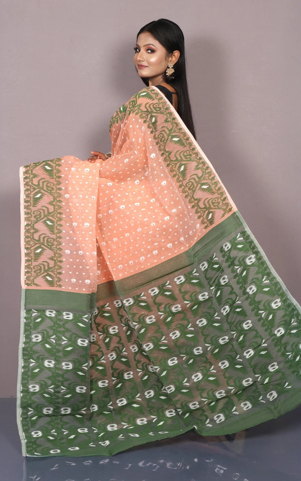 Women’s Peach Cotton Muslin Soft Jamdani Saree Nakshi Work & Unstitched Blouse