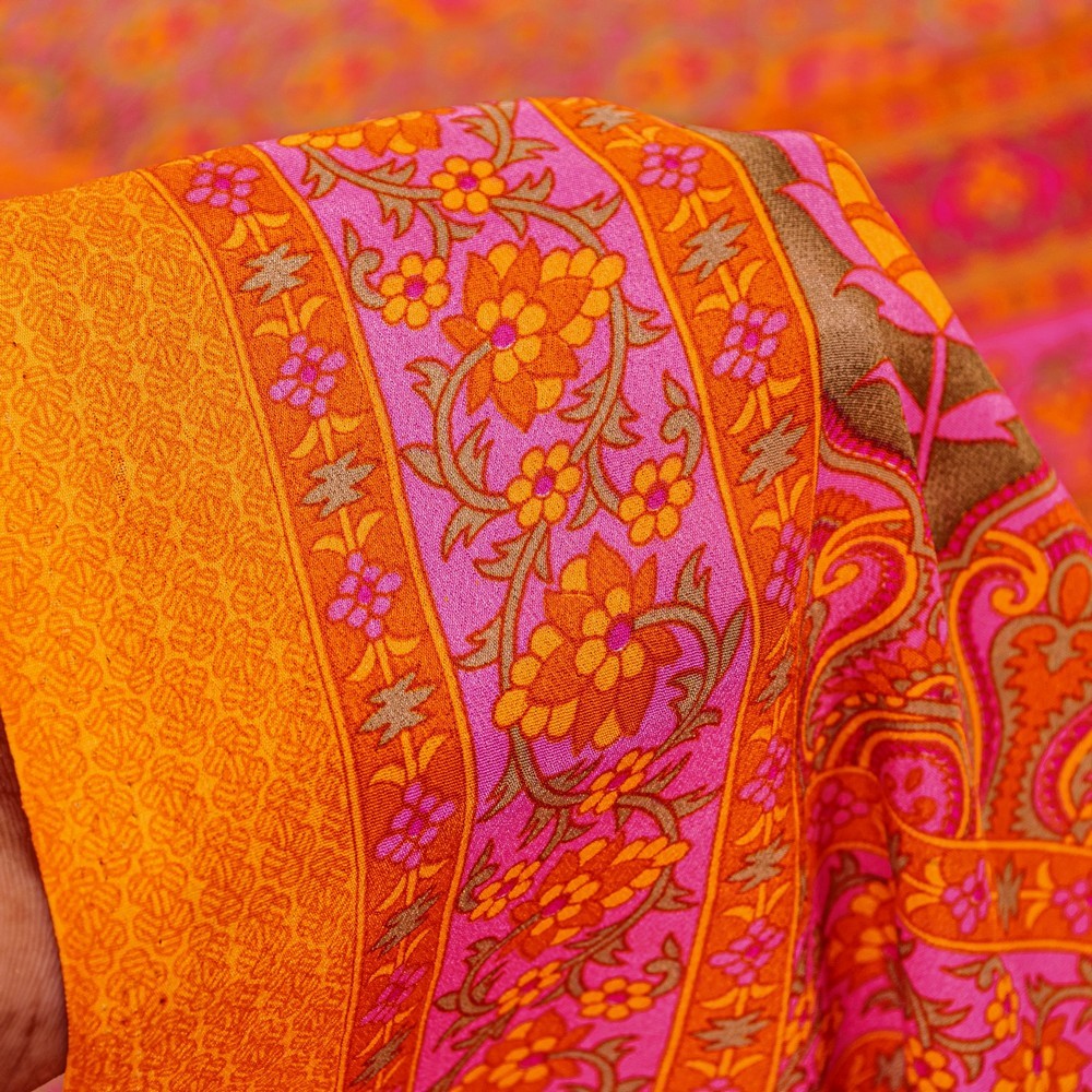 Sanskriti Vintage Sarees Craft Orange & Pink Floral Print 5+Yd Moss Crepe Sari
