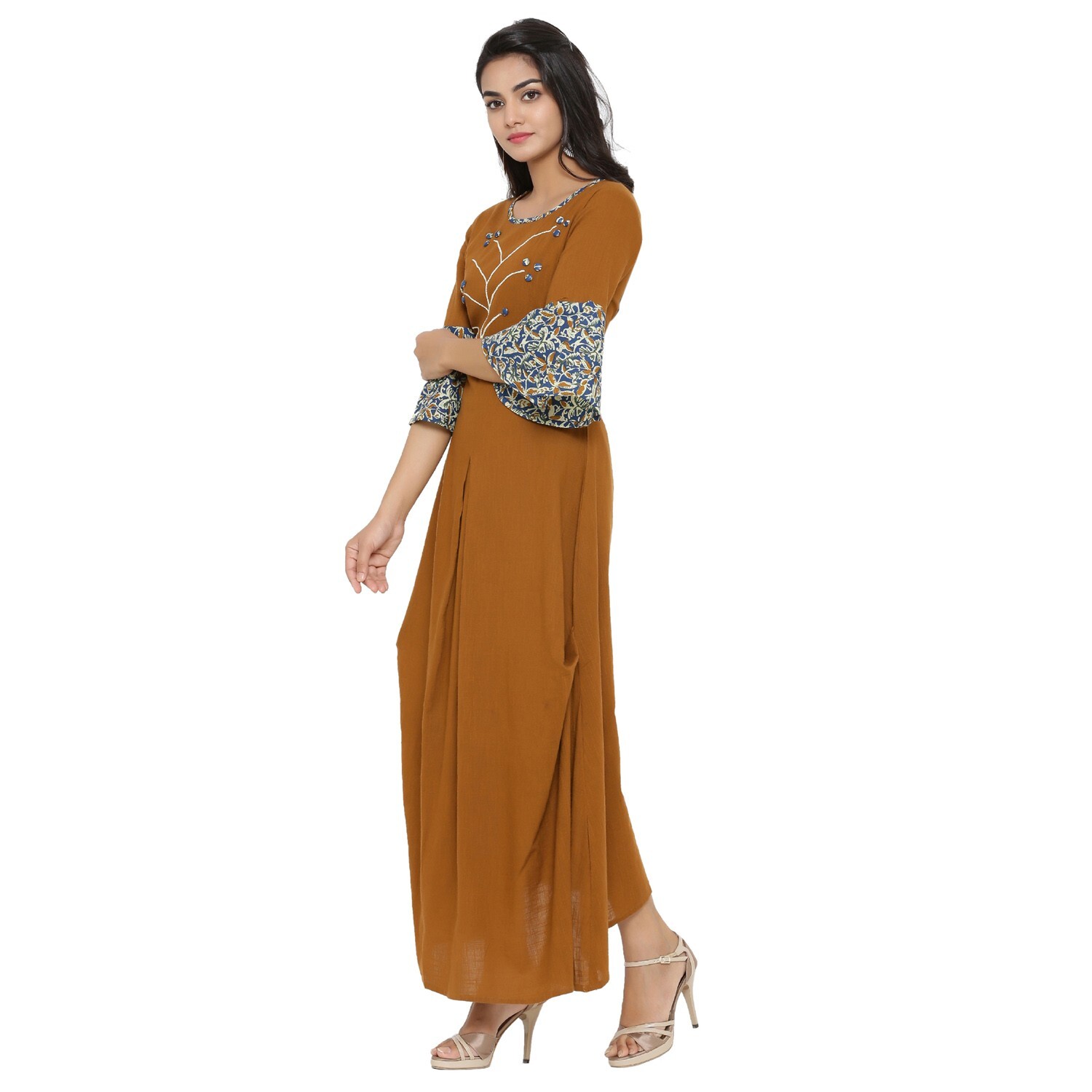 YASH GALLERY Women’s Cotton Blend kurta with Embroidery work Brown Kurta