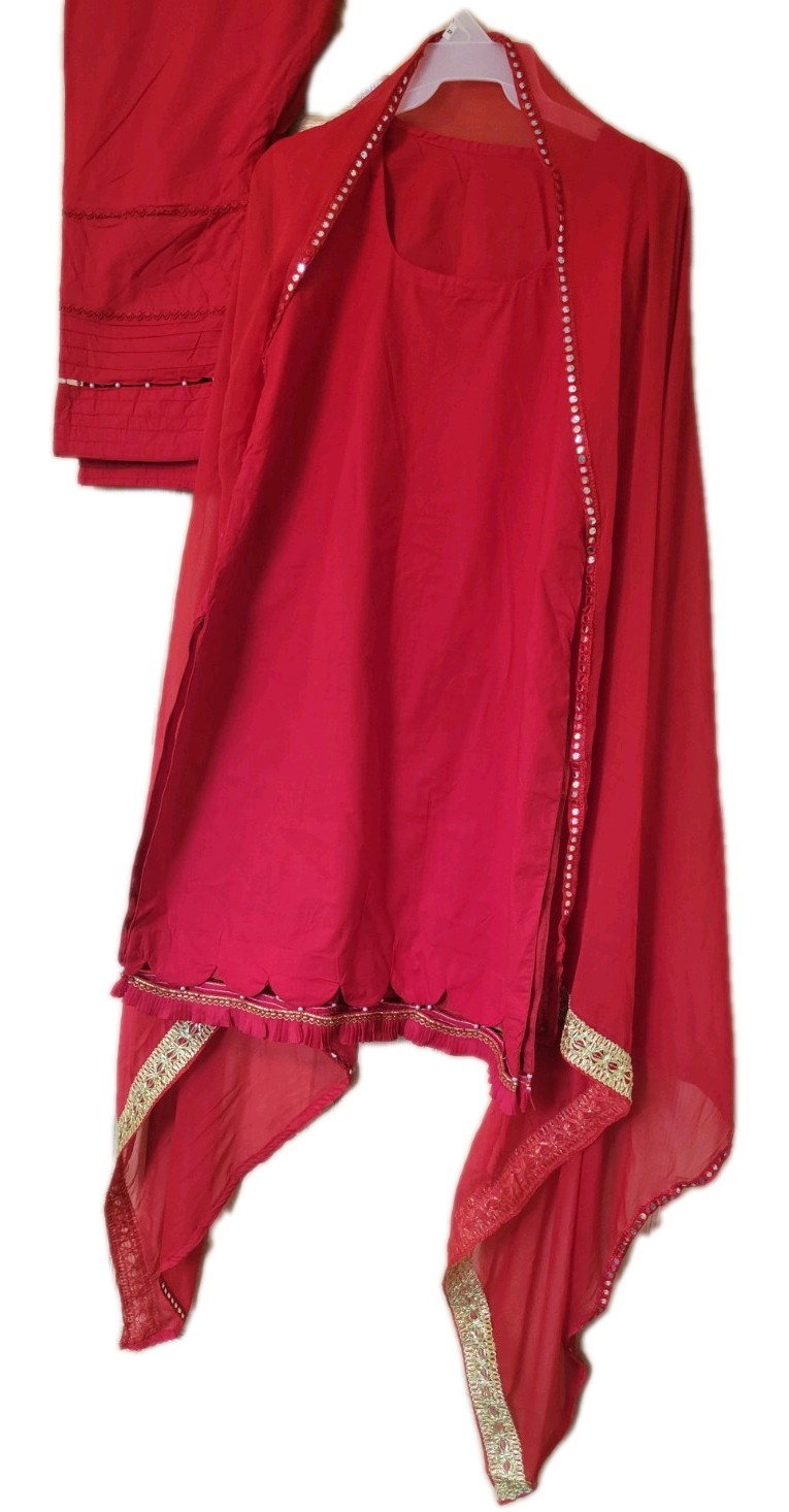Pakistani Ethnic Customized 3 Piece Stitched Suit 100% Cotton Salwar Kameez RED