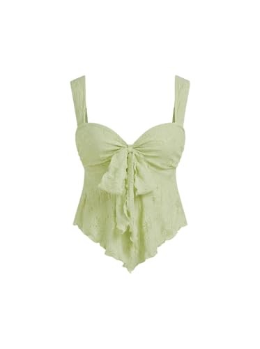 Floral Babydoll Tops for Women Lace Mesh Cute Bow Tie Sleeveless Small Green