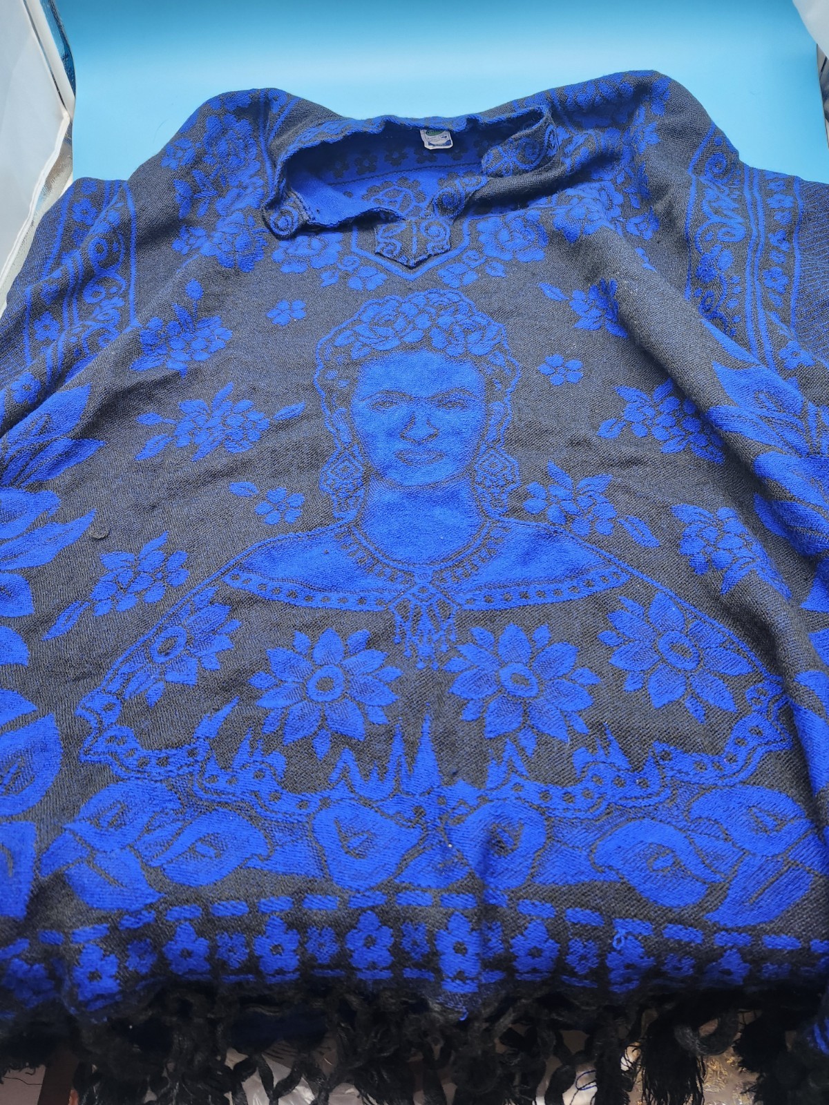 Vintage Frida Kahlo Mexican Poncho Ruana Blue Black Floral Fringe Acrylic