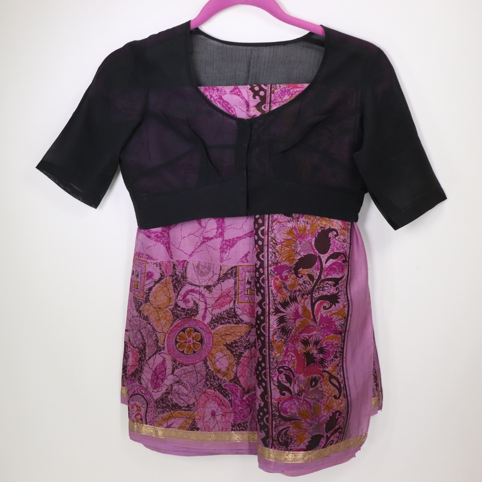 Vtg Indian Saree Choli Dress Top Set M Silk Mauve Floral Black Gold Edge
