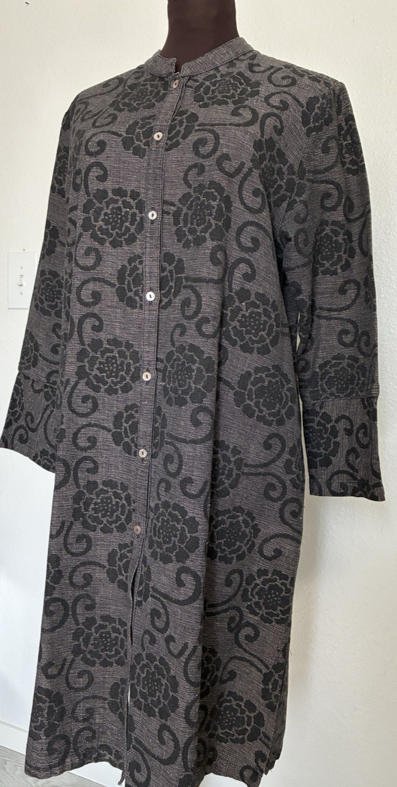 Vintage Thai Cotton and Stenciled Black Floral Pattern Long Sleeve Tunic Coat