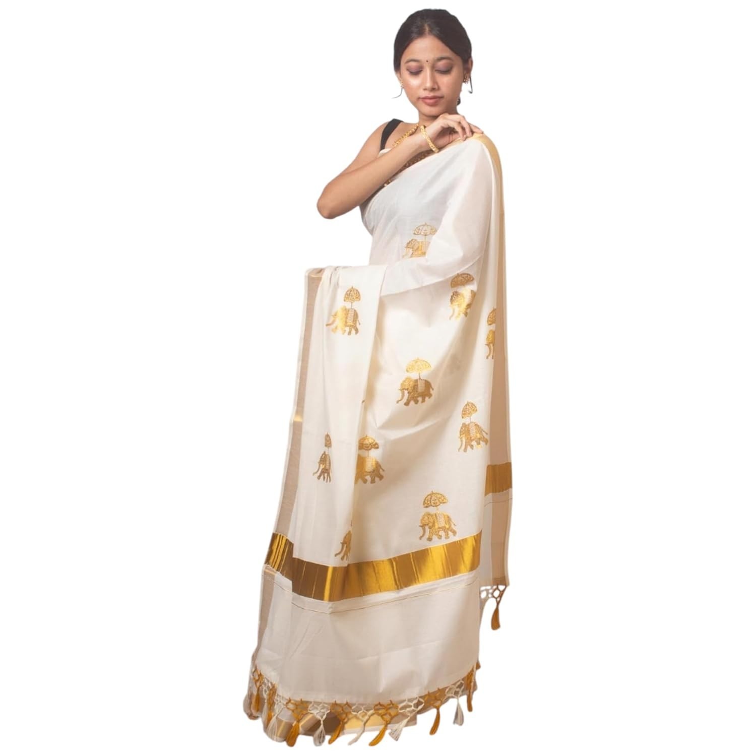 Women’s Kerala Kasavu Embroidry Cotton Saree With Running Blouse Piece