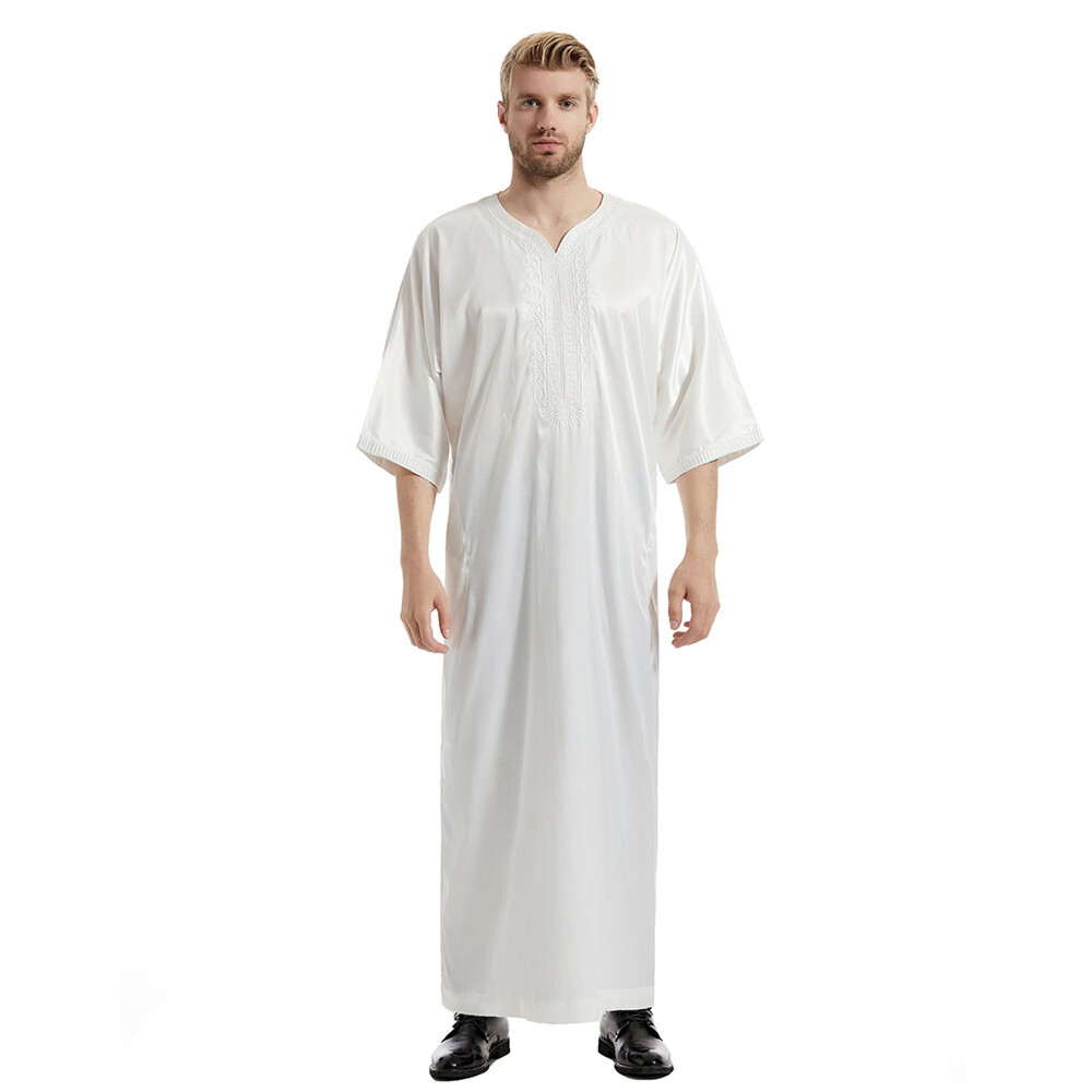 Muslim Islamic Men Thobe Satin Embroidery Kaftan Maxi Dress Saudi Jilbab Abaya