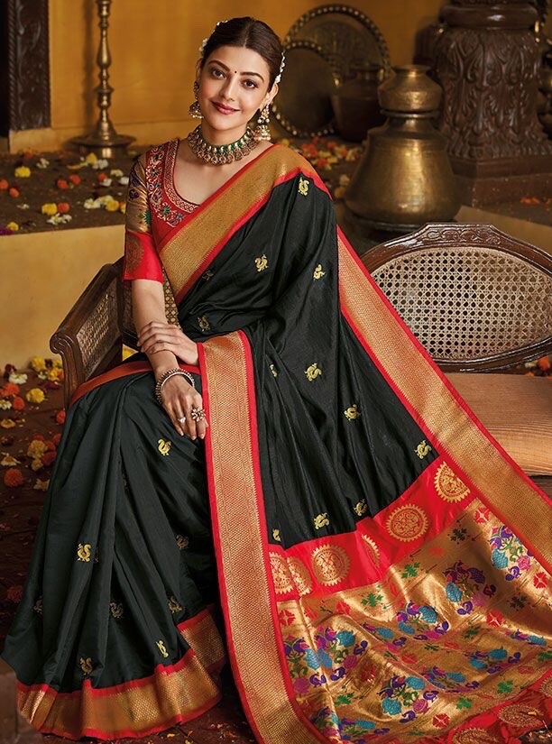 Brand New Silk Designer Saree in Black/Red with Readymade Blouse in Red