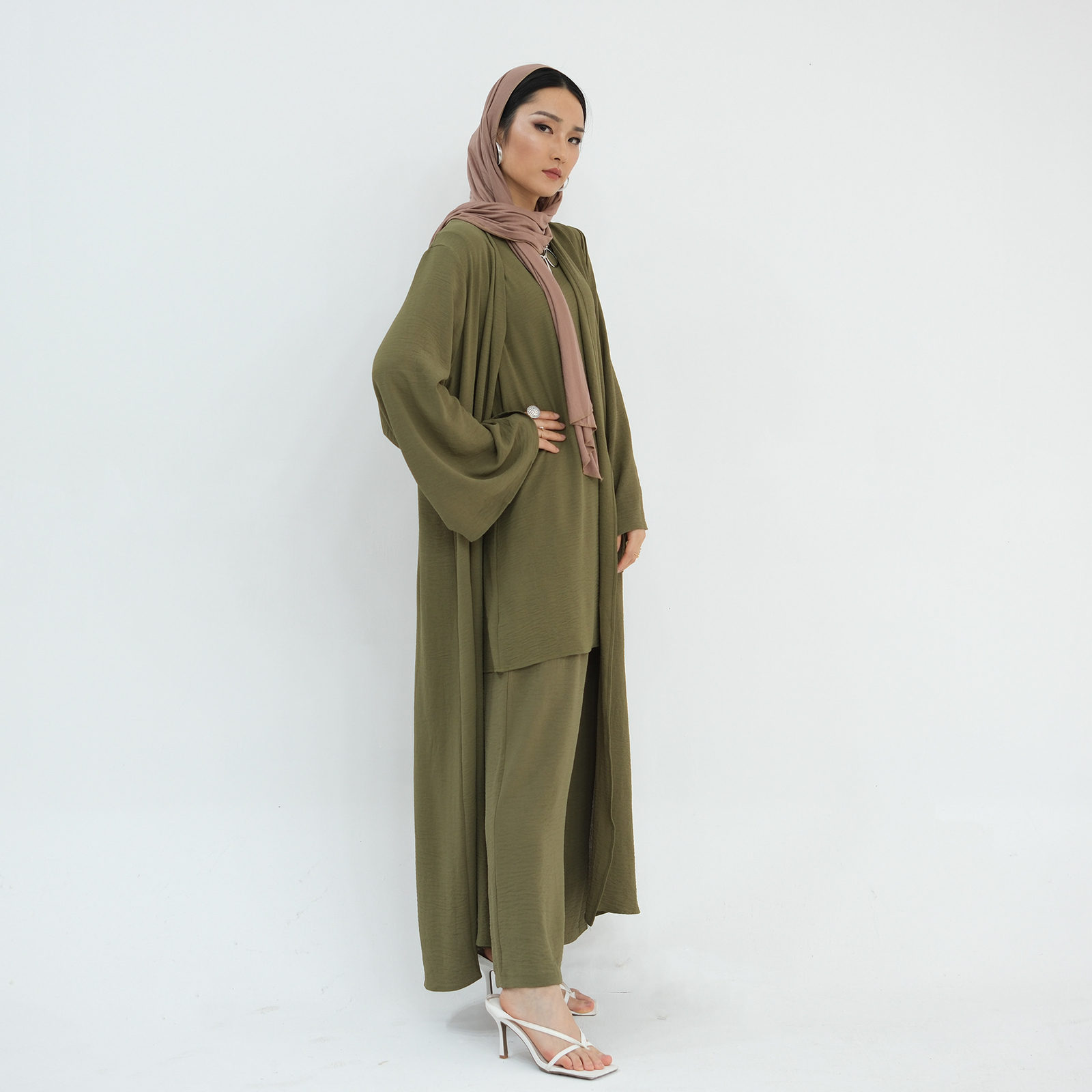 Muslim Women 3pcs Set Open Kimono Vest Pants Kaftan Dress Dubai Abaya Outfits