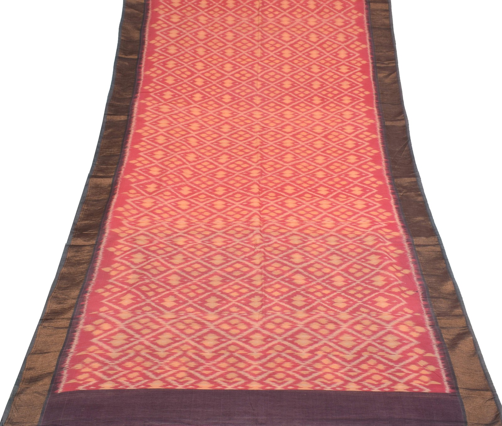 Sushila Vintage Pochampally Ikat Saree Pure Cotton Silk Hand Woven Pink Sari Fab