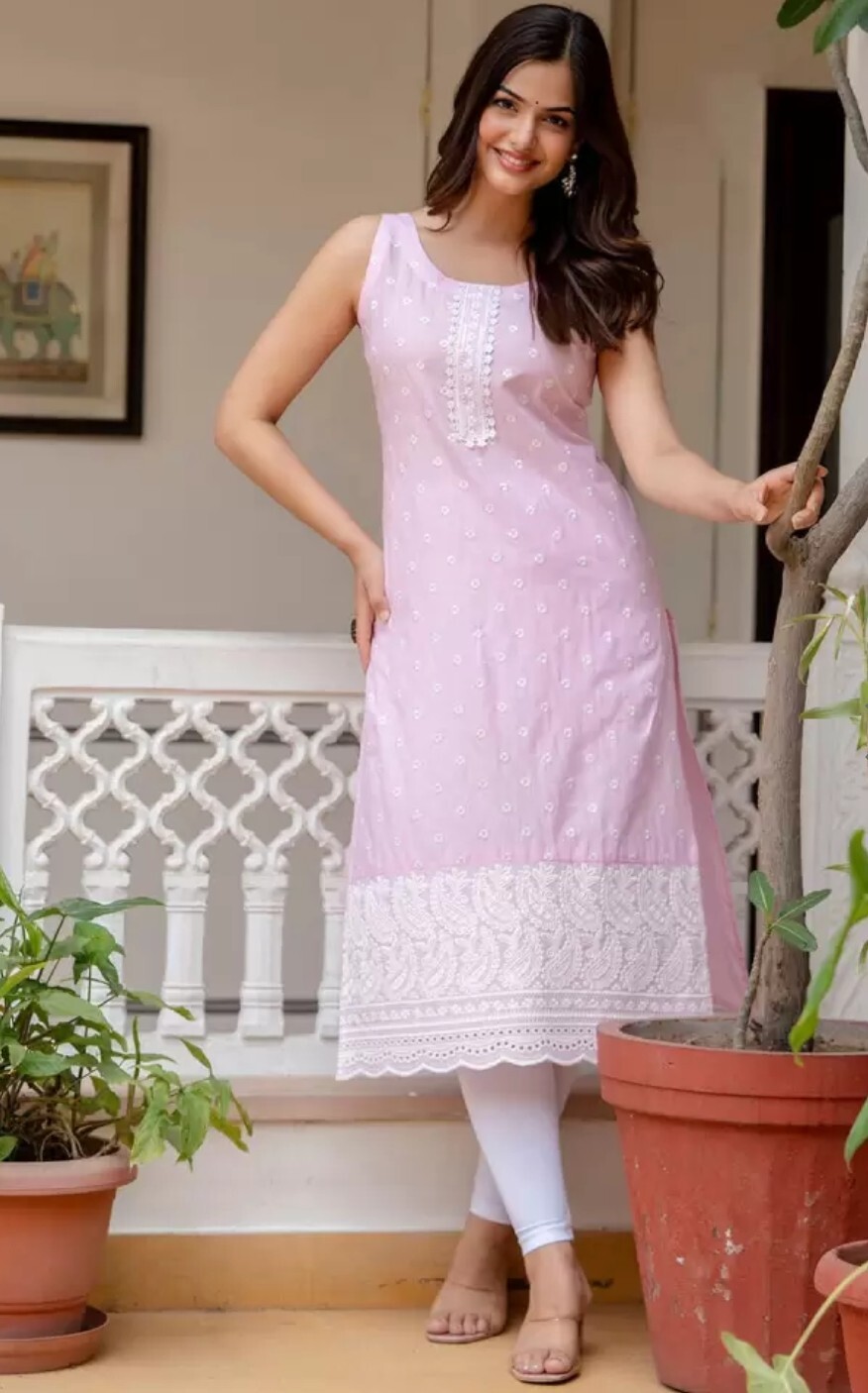 Women Traditional Kurta; Floral Embroidered sleeveless Cotton Straight Kurta
