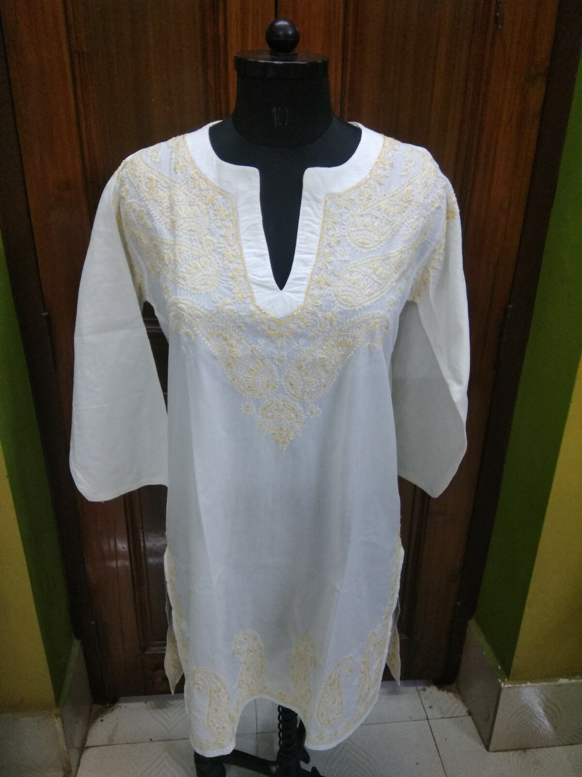 L 42″ SEQUINS WORK WITH CHIKAN EMBROIDERY 100% COTTON HANDMADE KURTA TOP KURTI