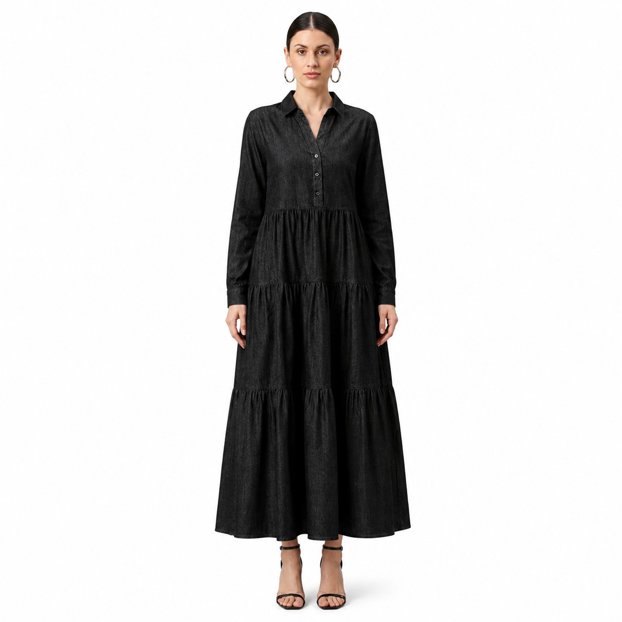 Unwashed Denim Tiered Maxi Dress | Sustainable Long Sleeve Modest Abaya Wear
