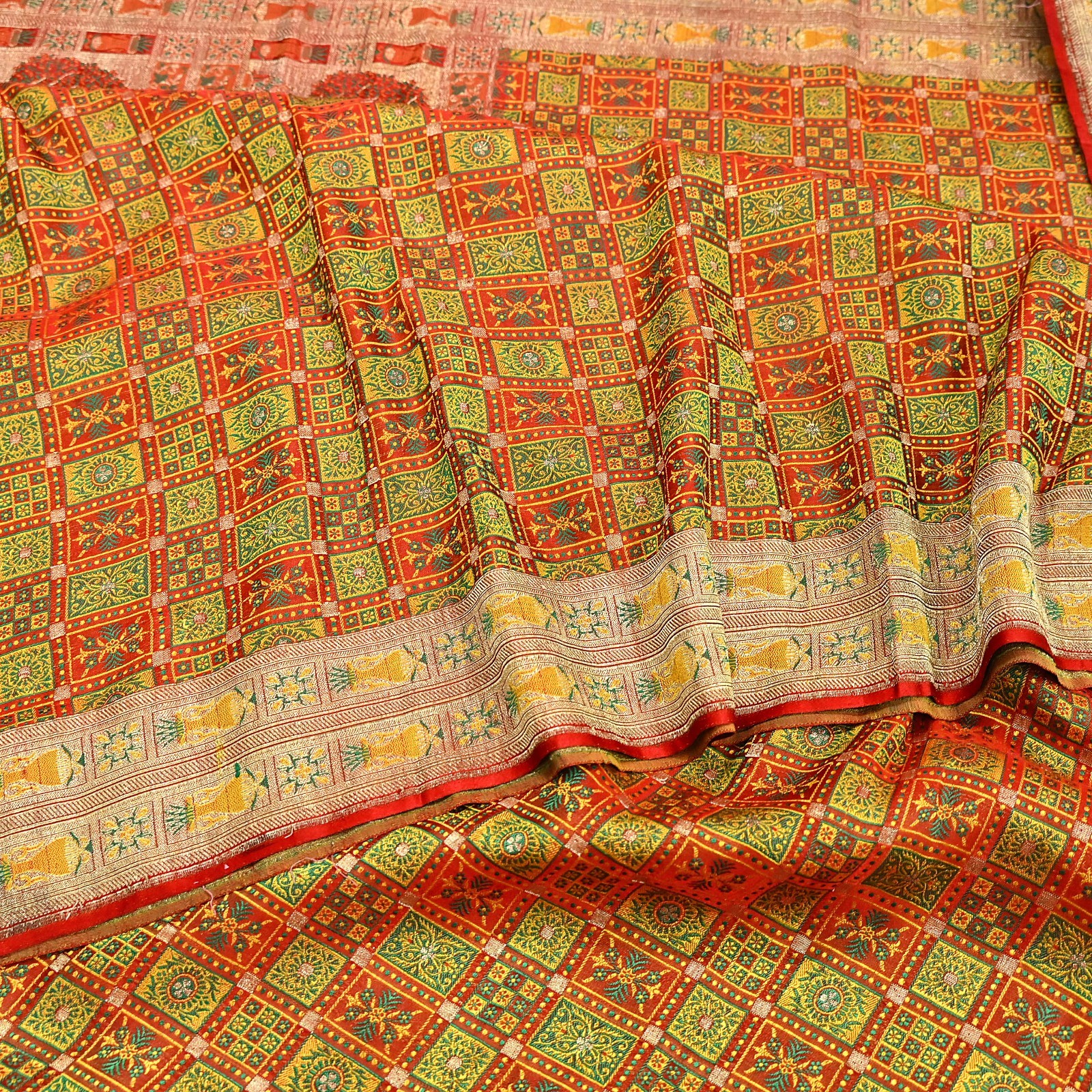 Indian Vintage Heavy Sari Orange Pure Satin Silk Woven Tanchoi Sarees 5Yd