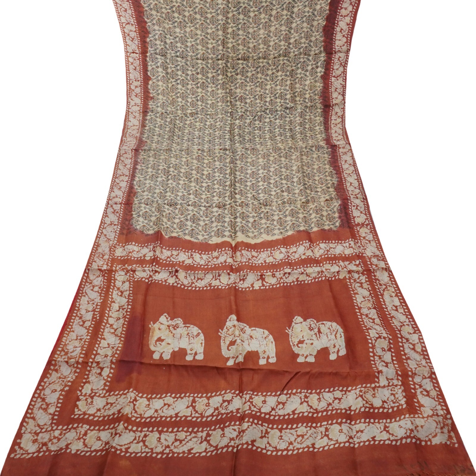 Namaste Vintage Brown Sarees 100% Pure Silk Batik Printed Sari 5YD Craft Fabric